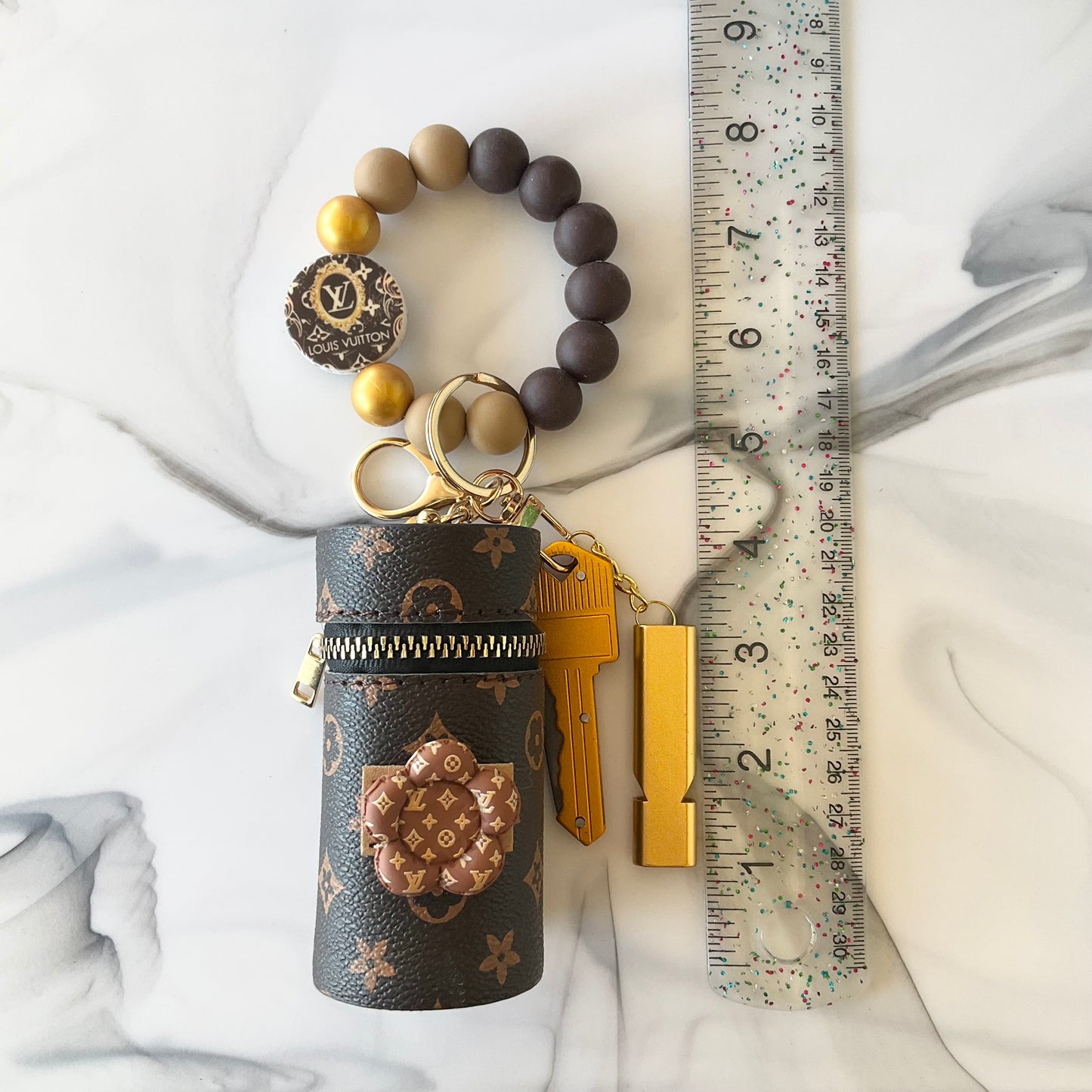 Luv Brown and Gold Silicone Wristlet Self-Defense Keychain Set Large