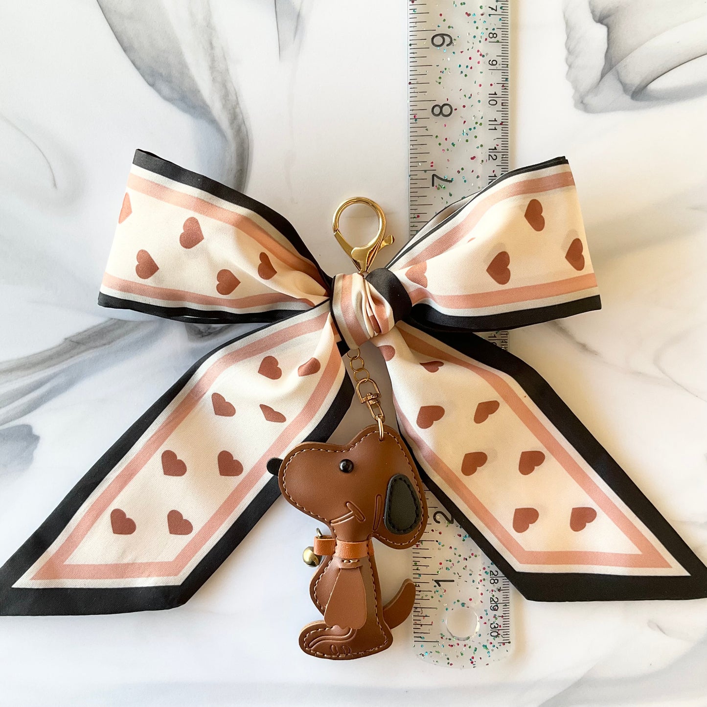 Cute Brown Beagle Heart Print Large Bow Bag Charm