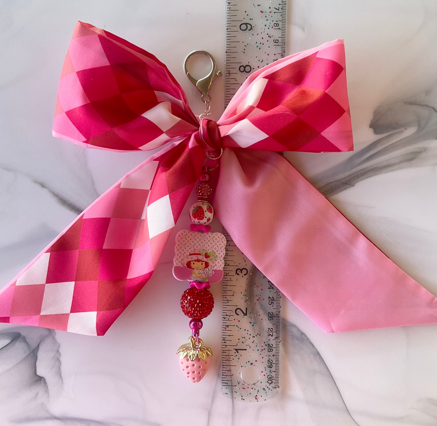 Strawberry Girl Pink Diamond Print Large Bow Bag Charm