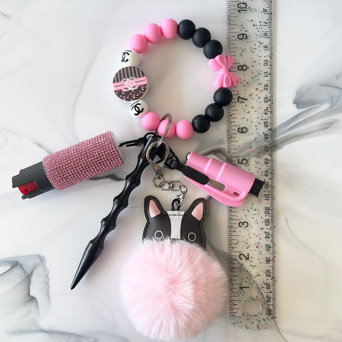 Frenchie Cici Pink & Black Silicone Self-Defense Wristlet Keychain Set