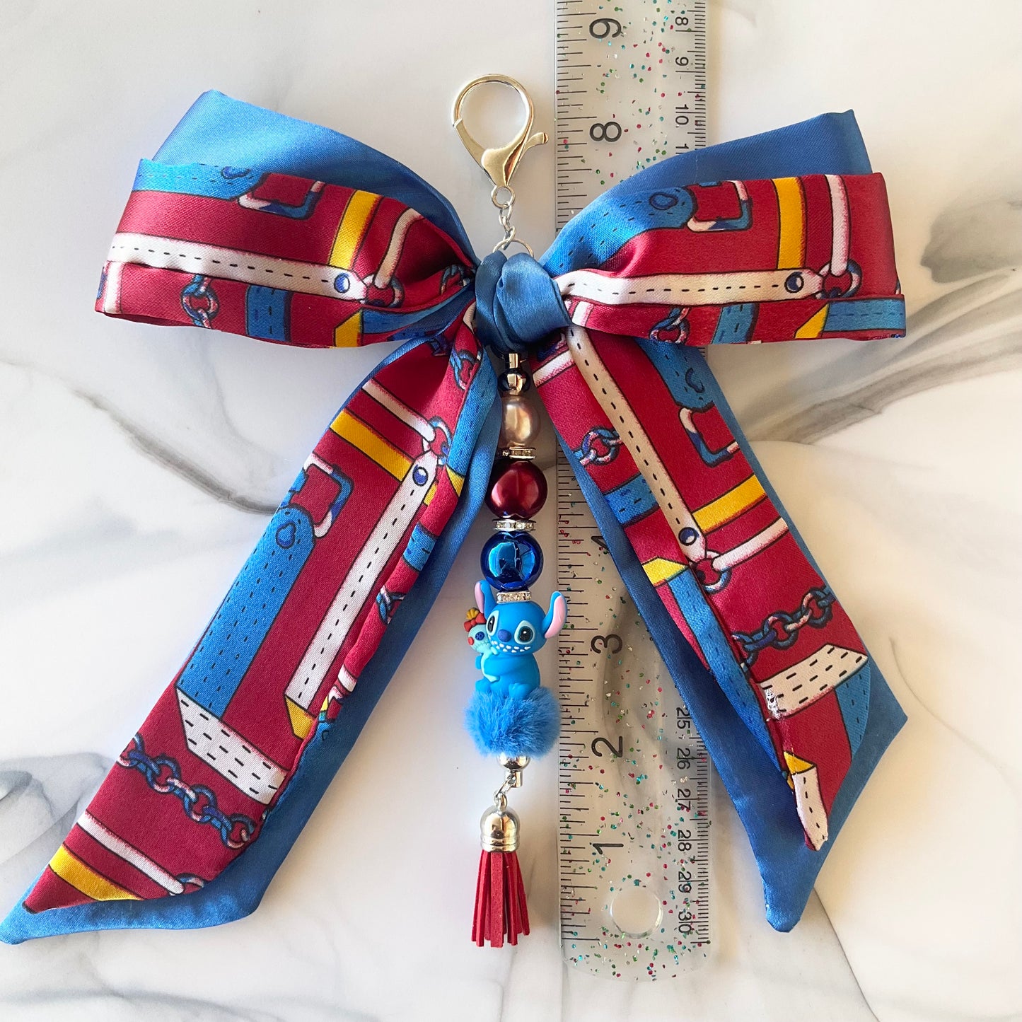 Cute Blue Alien Large Satin Double Bow Bag Charm