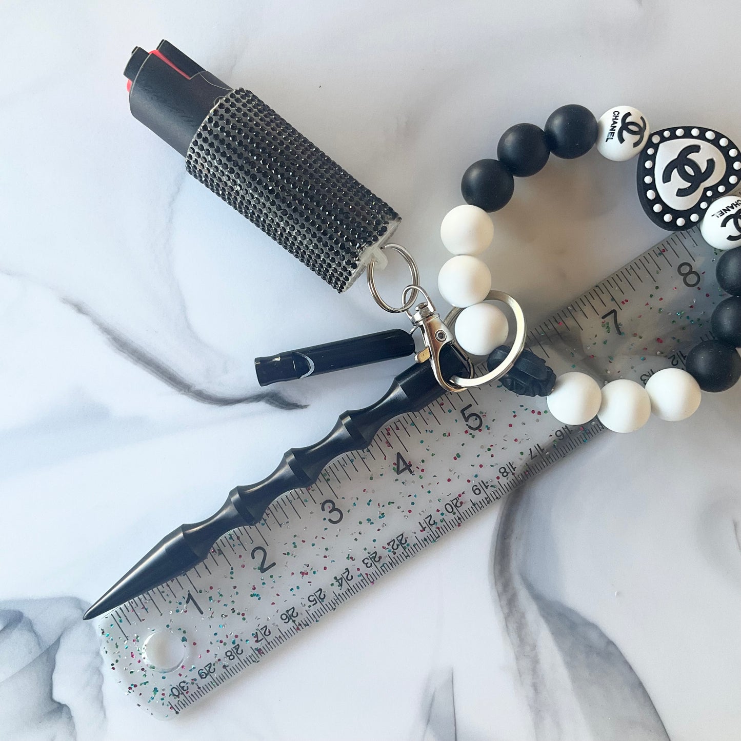Cici Black & White Silicone Wristlet Self Defense Keychain Set Large