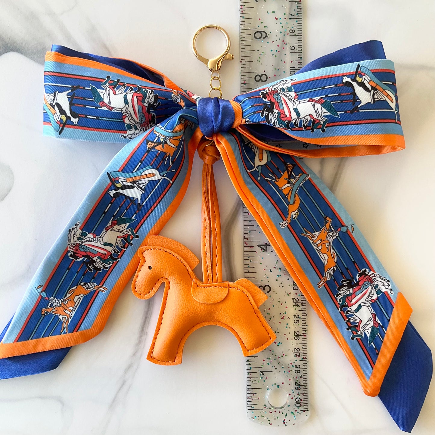 Royal Blue & Orange Faux Leather Pony Satin Bow Bag Charm