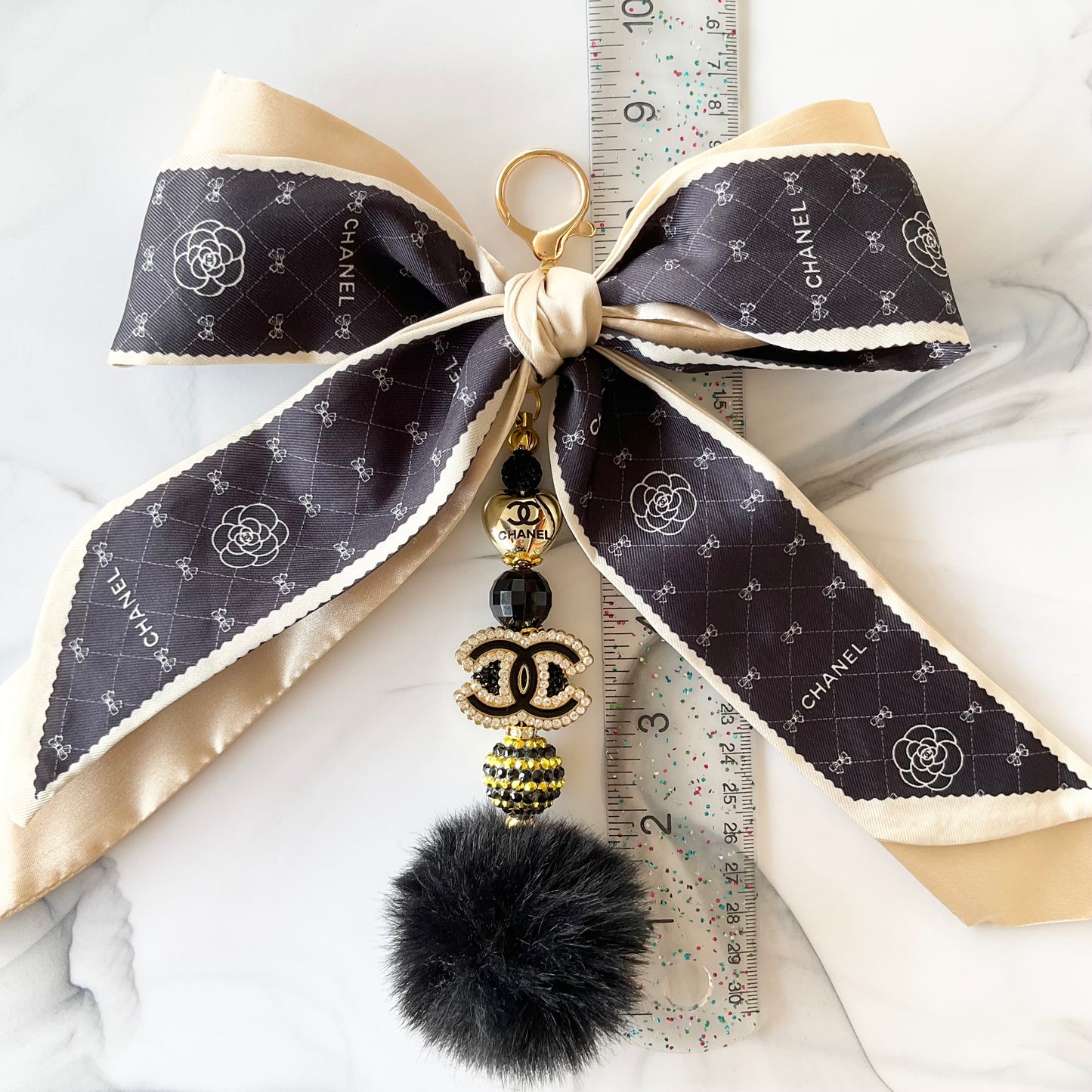 Cici Black & Ivory Gold Tone Rhinestone Sparkle Large Bow Bag Charm