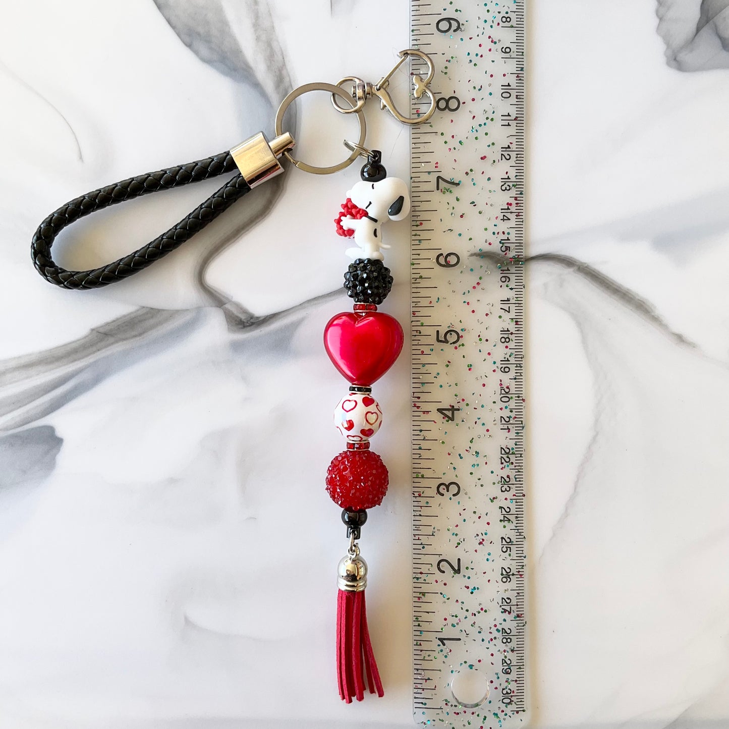 Snoopy Red Hearts Black Faux Leather Wristlet Keychain