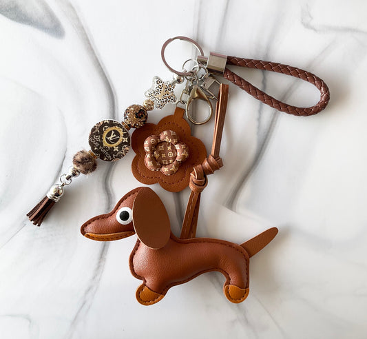 Luv Brown Wiener Dog Faux Leather Keychain Bag Charm