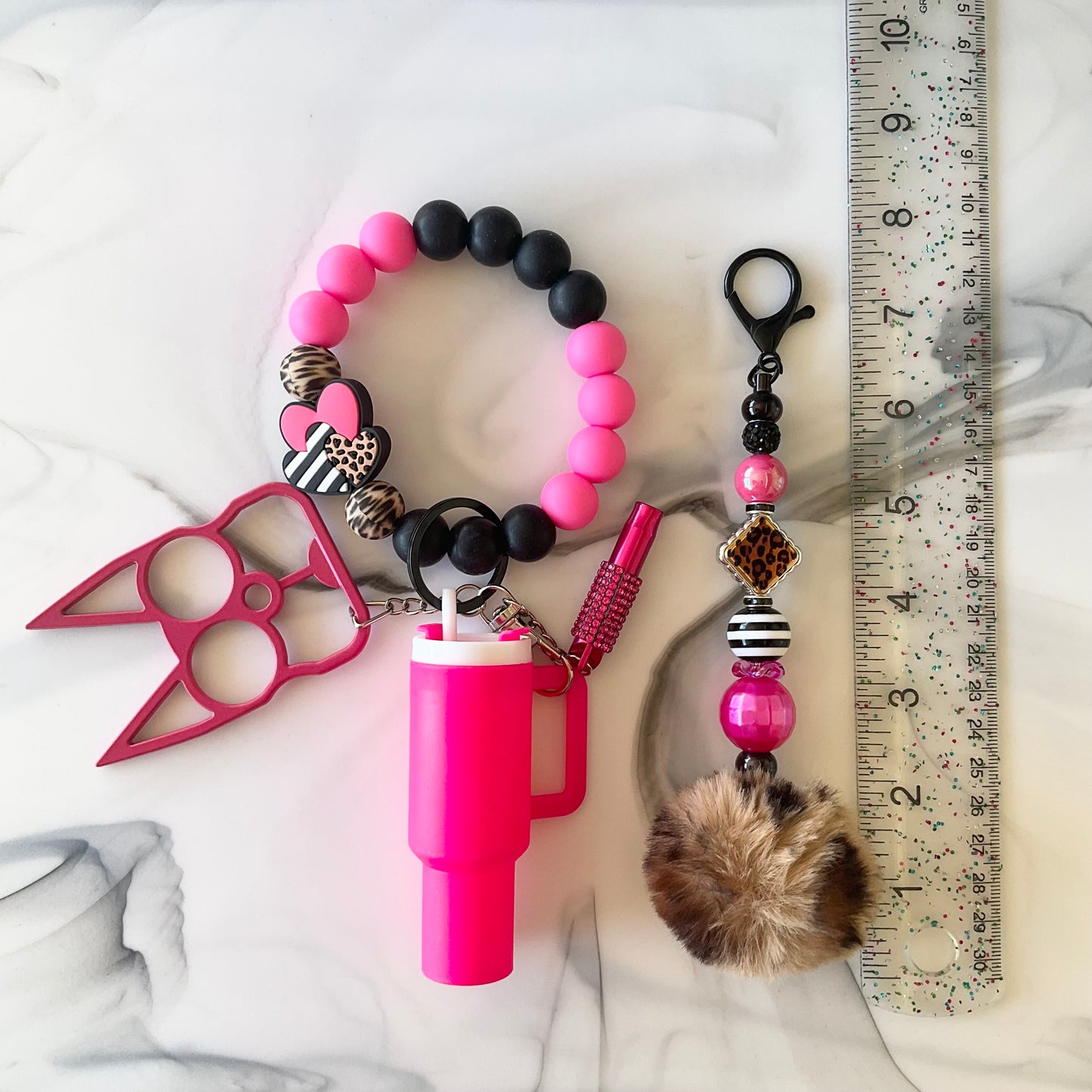 Hot Pink Leopard Print Silicone Wristlet Self Defense Keychain Set Large