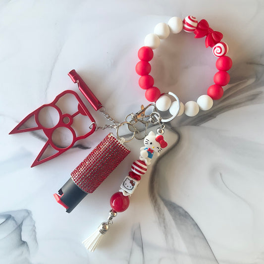 Cute Kitty Red & White Silicone Wristlet Self-Defense Keychain Set Large