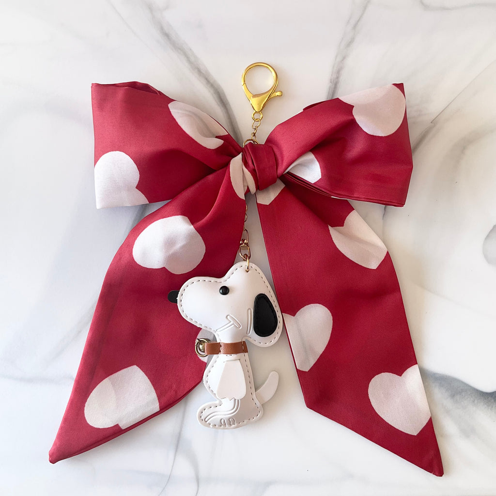 Cute White Beagle Red Heart Print Large Bow Bag Charm