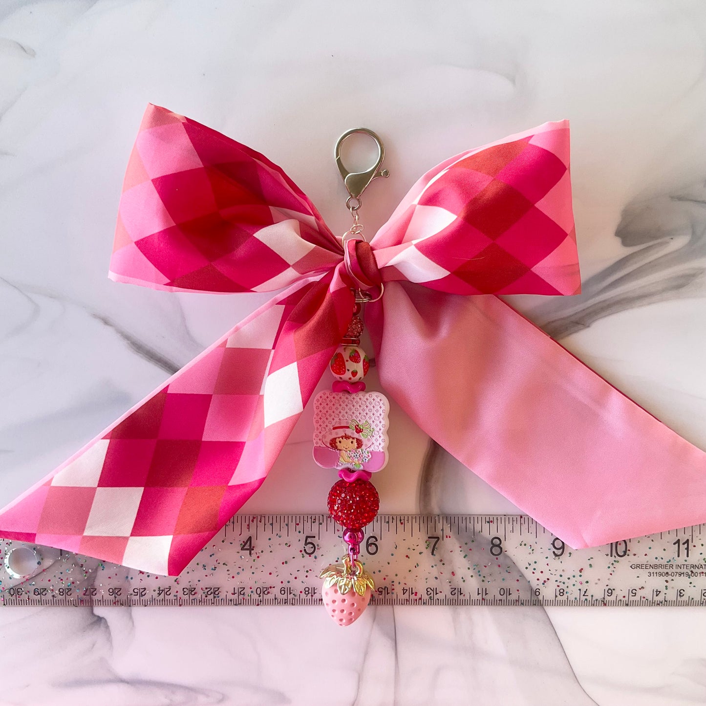 Strawberry Girl Pink Diamond Print Large Bow Bag Charm