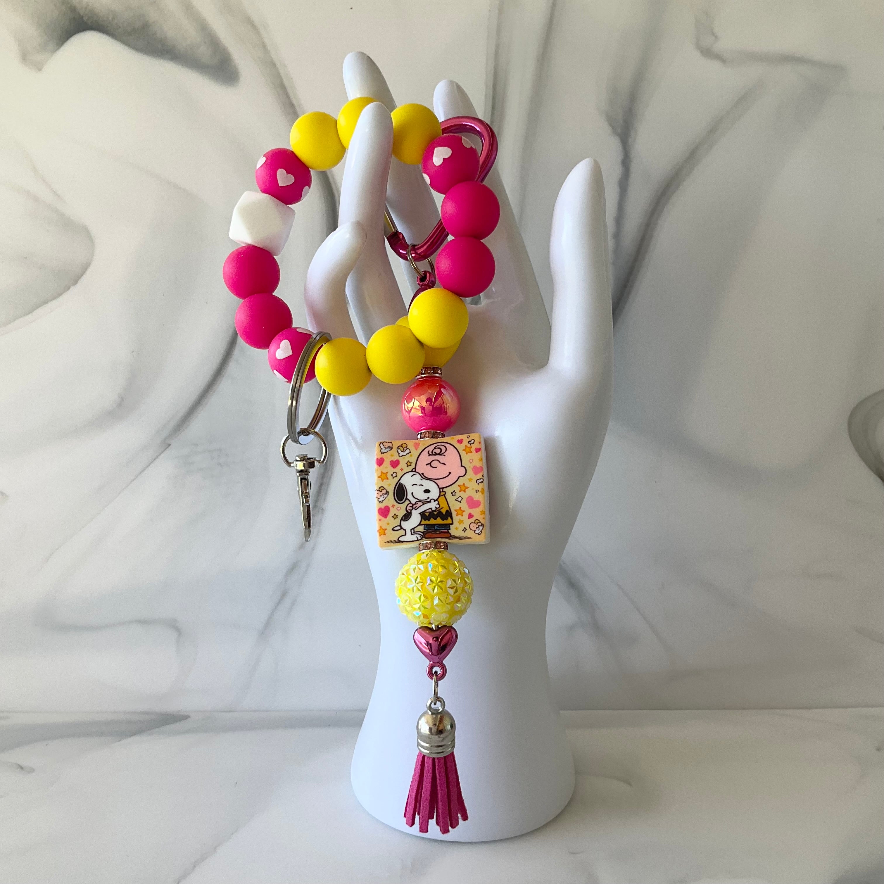 Cute Beagle & Boy Hot Pink & Yellow Silicone Wristlet Keychain Small