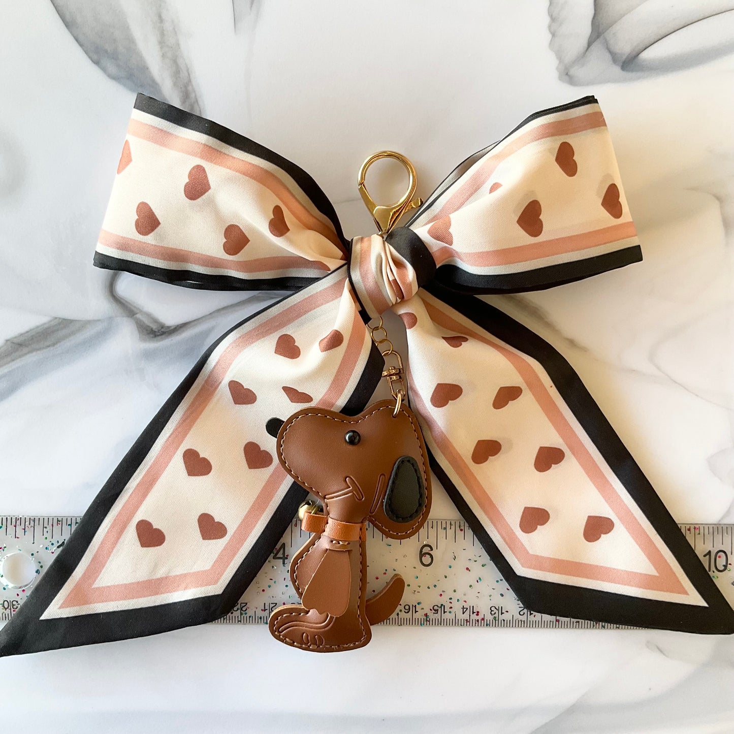 Cute Brown Beagle Heart Print Large Bow Bag Charm