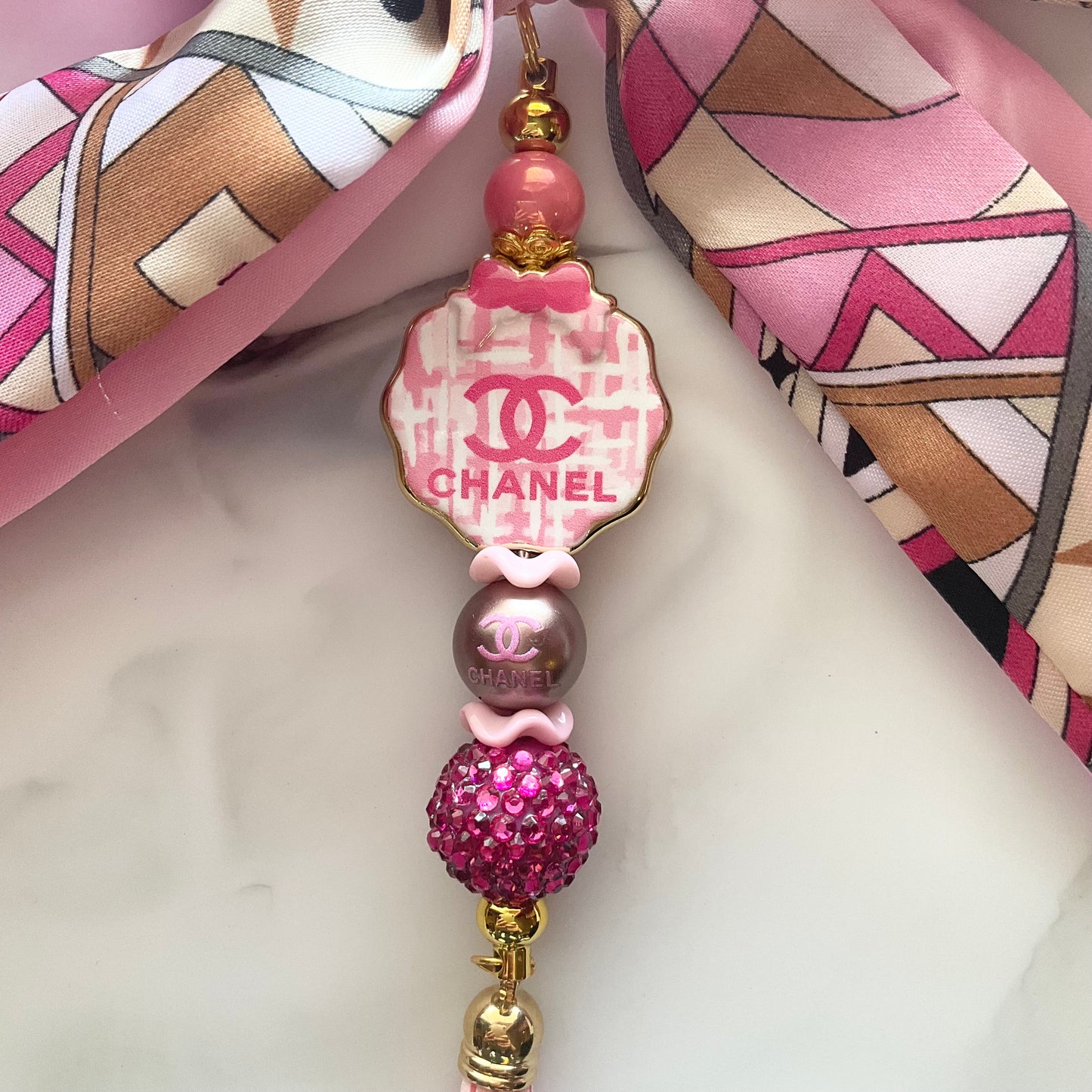 Cici Pink & Tan Gold Tone Large Satin Bow Bag Charm
