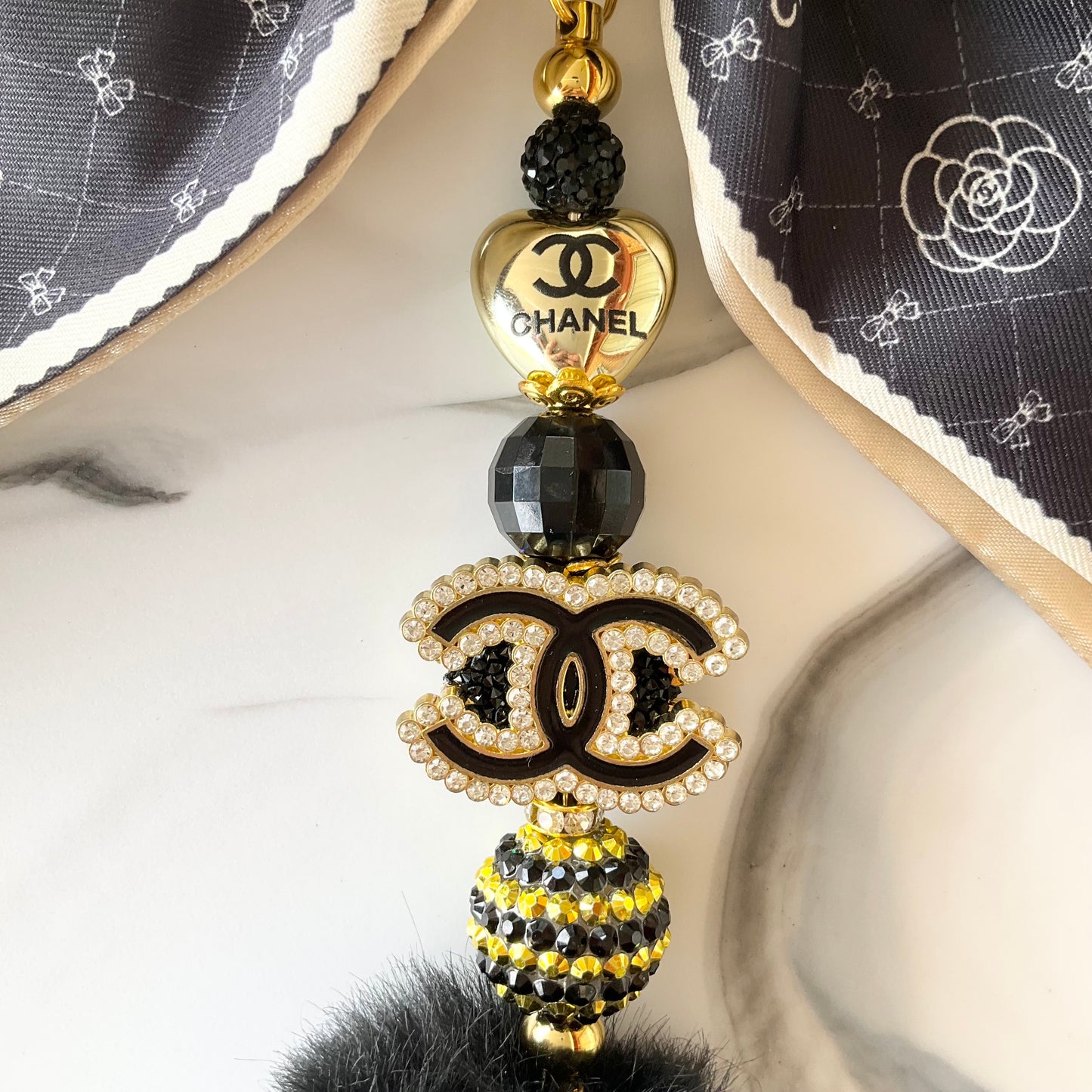 Cici  Black & Ivory Gold Tone Rhinestone Sparkle Large Bow Bag Charm