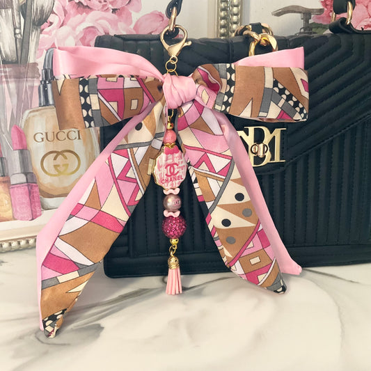 Cici Pink & Tan Gold Tone Large Satin Bow Bag Charm