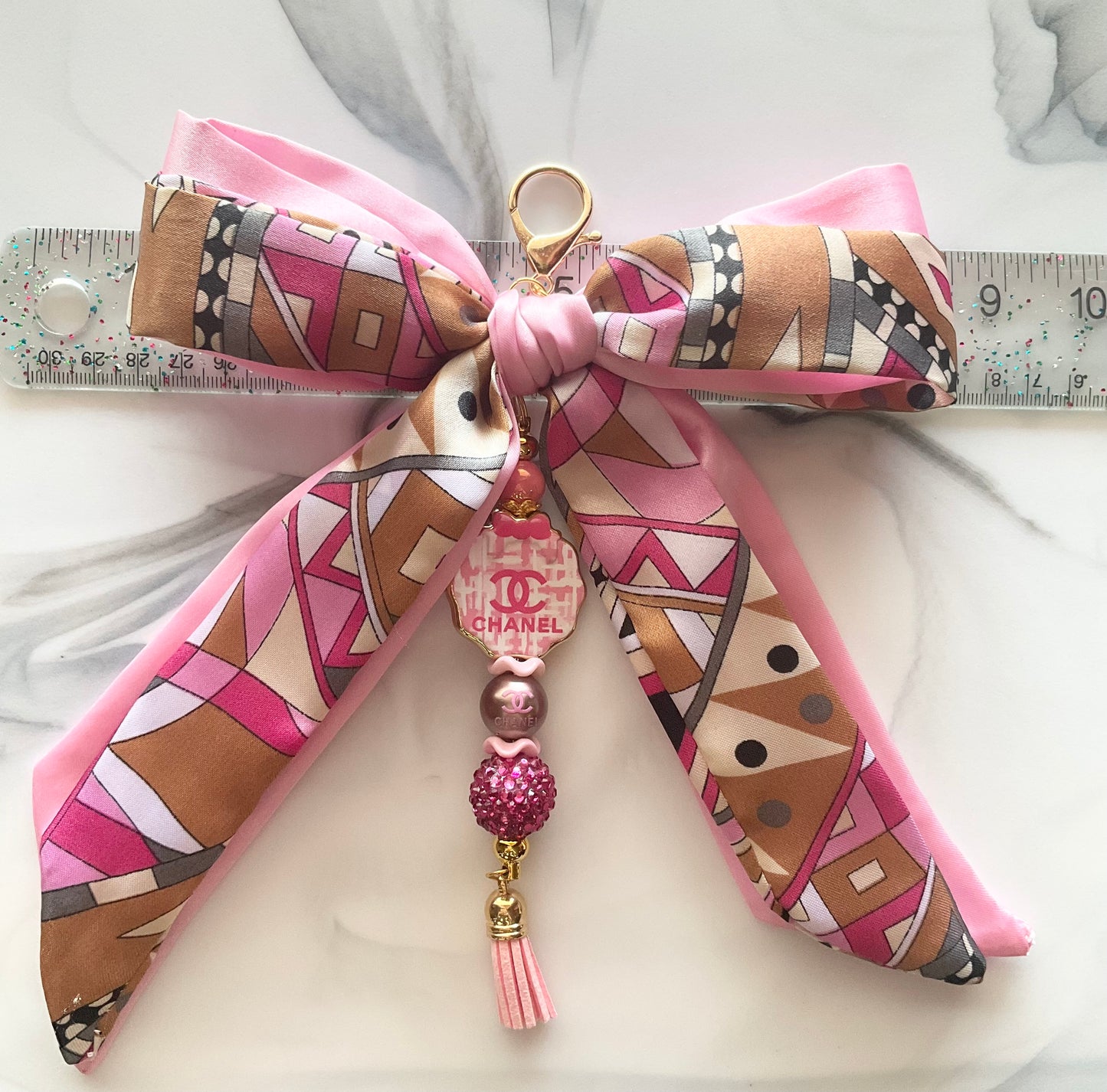 Cici Pink & Tan Gold Tone Large Satin Bow Bag Charm