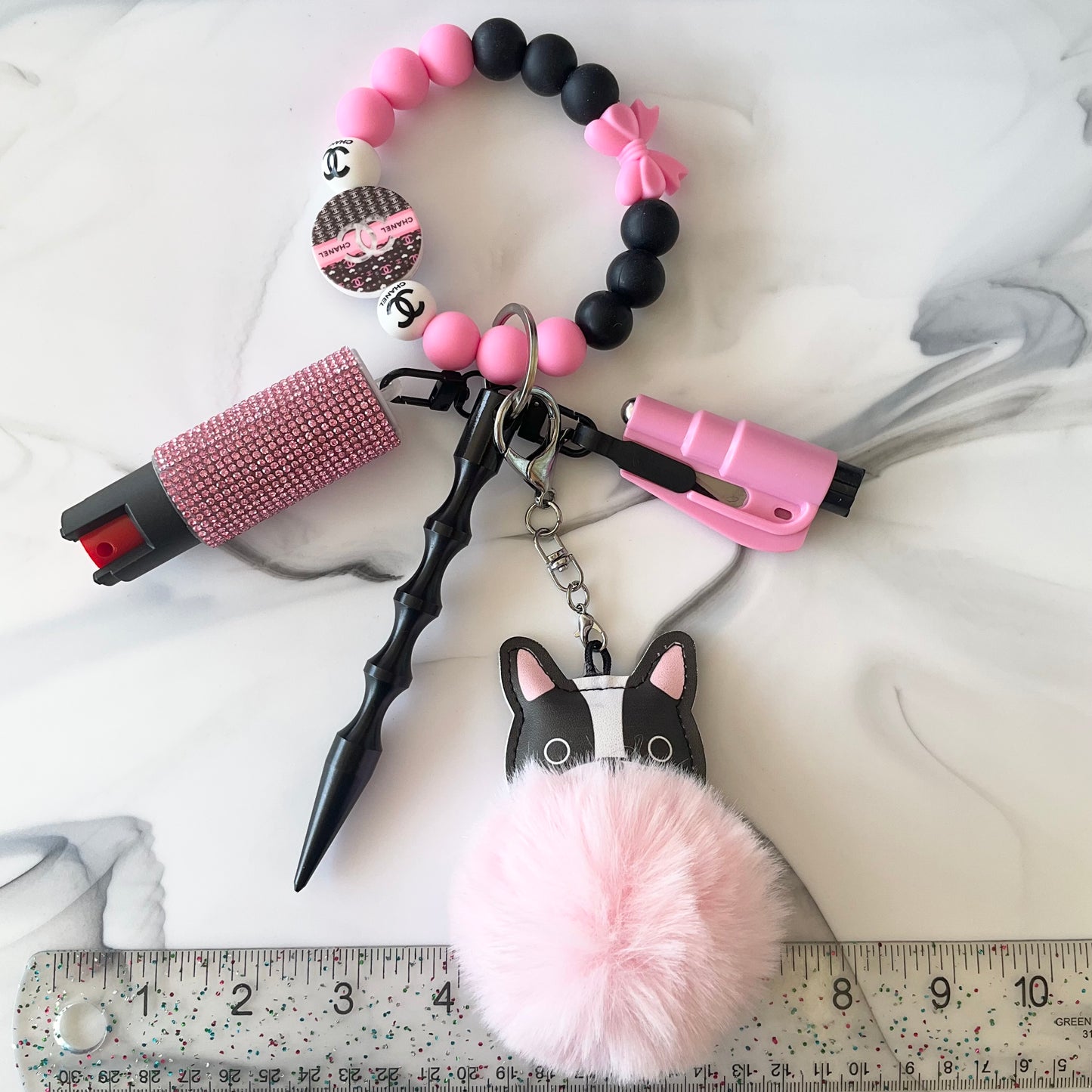 Frenchie Cici Pink & Black Silicone Self-Defense Wristlet Keychain Set
