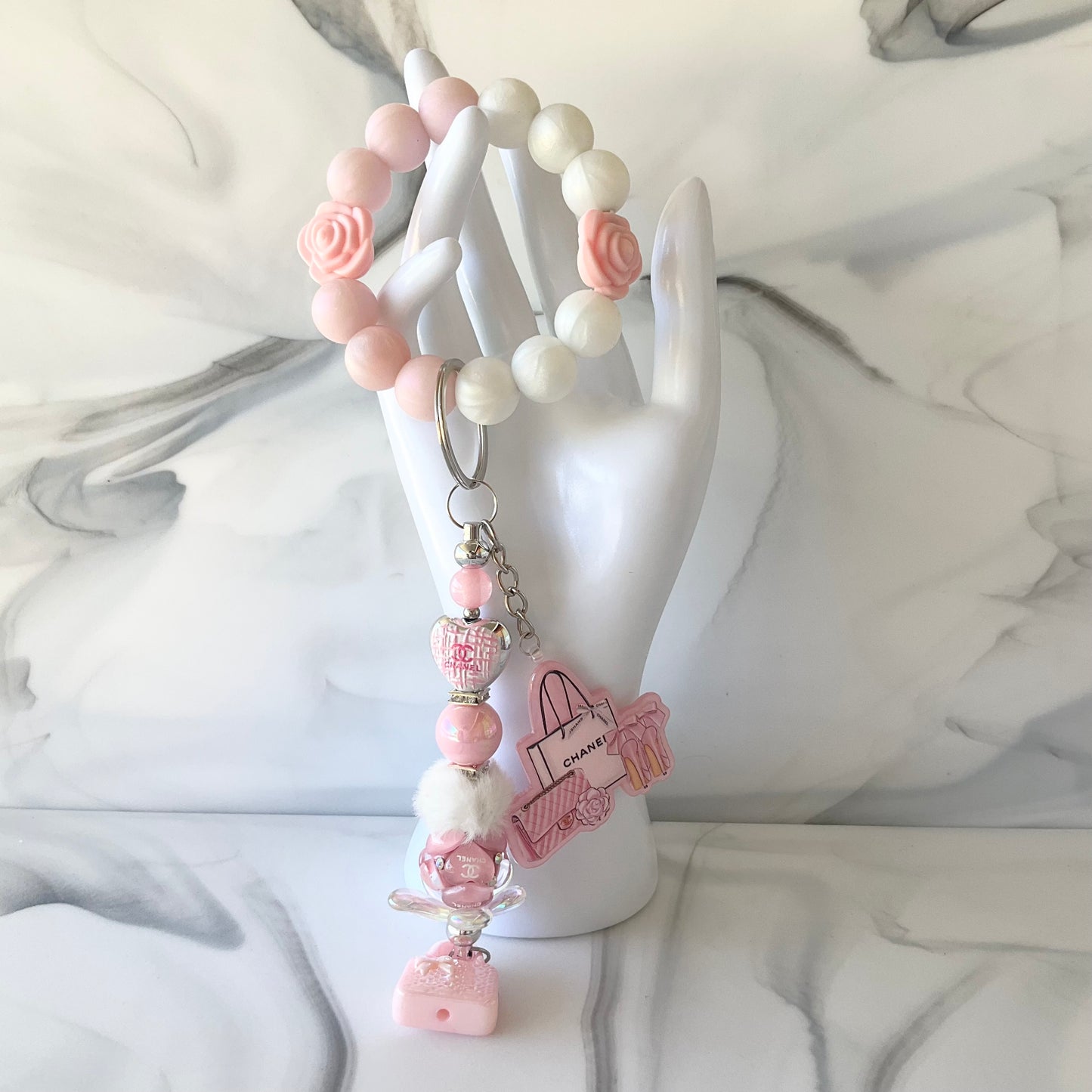 Cici Light Pink & White Silicone Wristlet Keychain Small