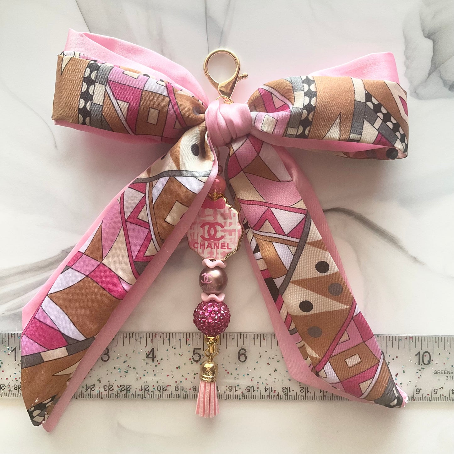 Cici Pink & Tan Gold Tone Large Satin Bow Bag Charm