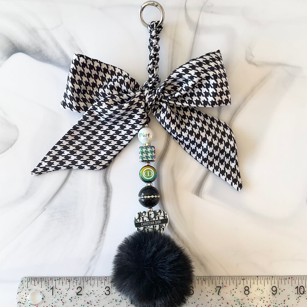 Di Black and White Houndstooth Print Bow Bag Charm
