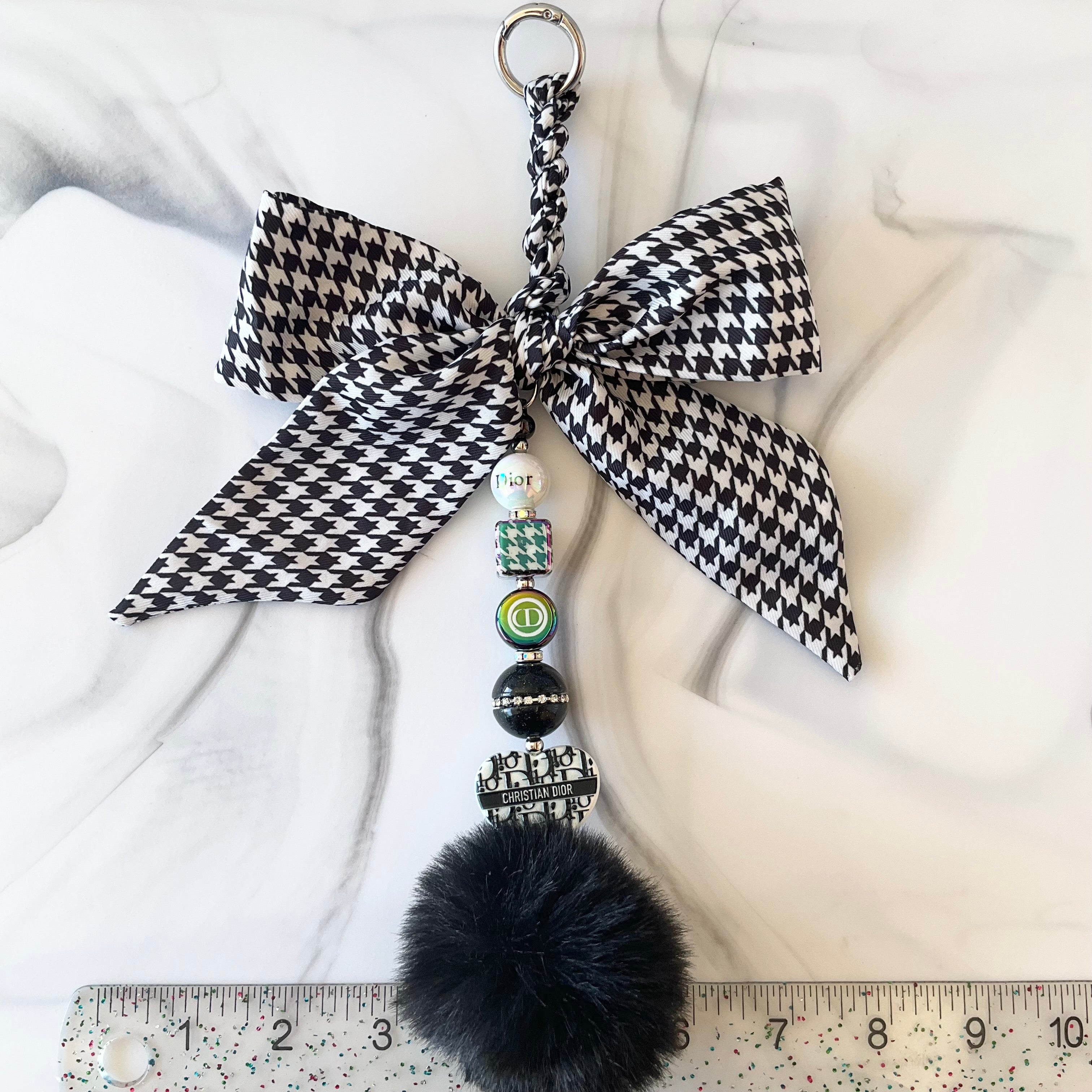 Di Black and White Houndstooth Print Bow Bag Charm