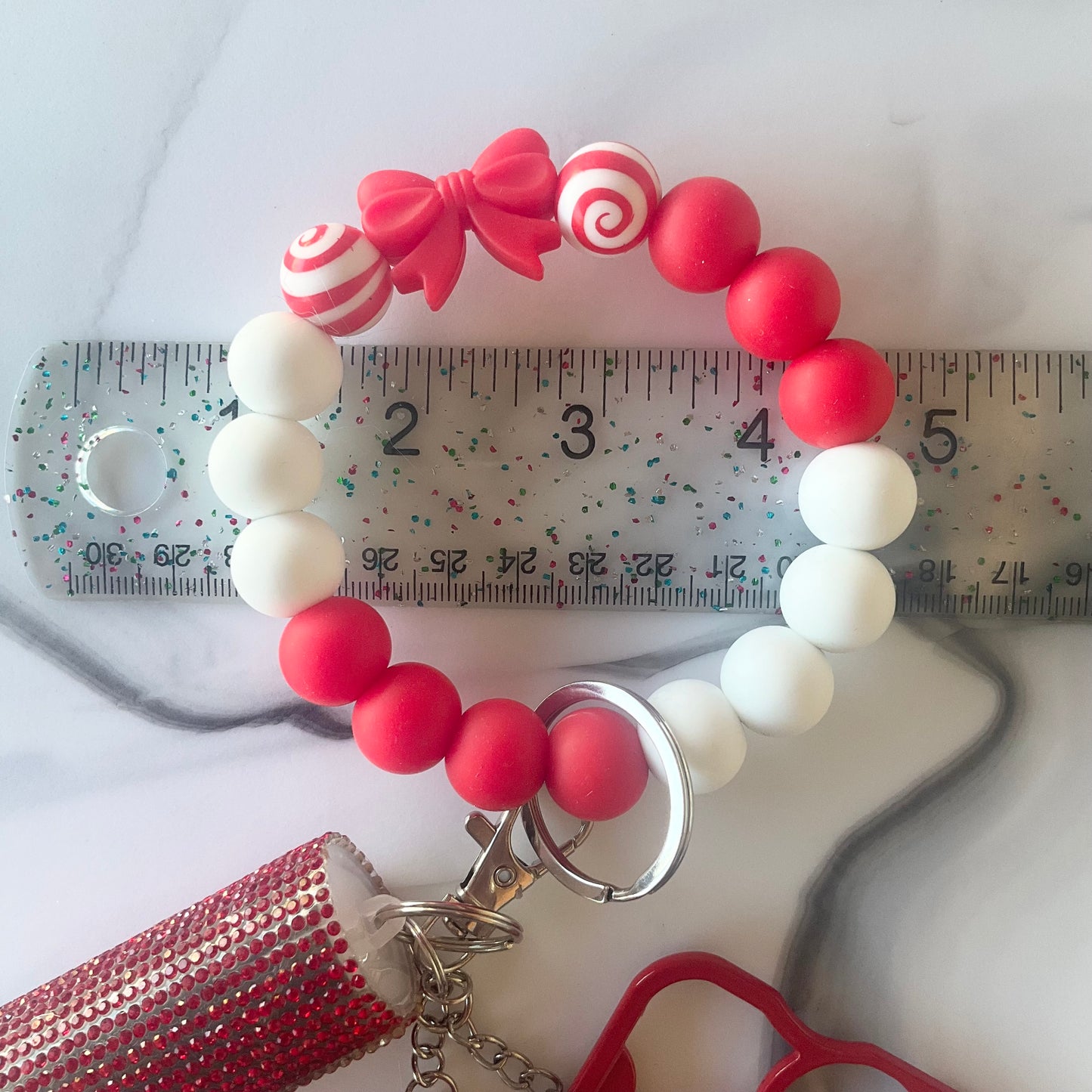 Cute Kitty Red & White Silicone Wristlet Self-Defense Keychain Set Large