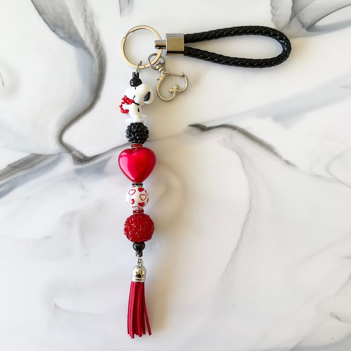 Snoopy Red Hearts Black Faux Leather Wristlet Keychain