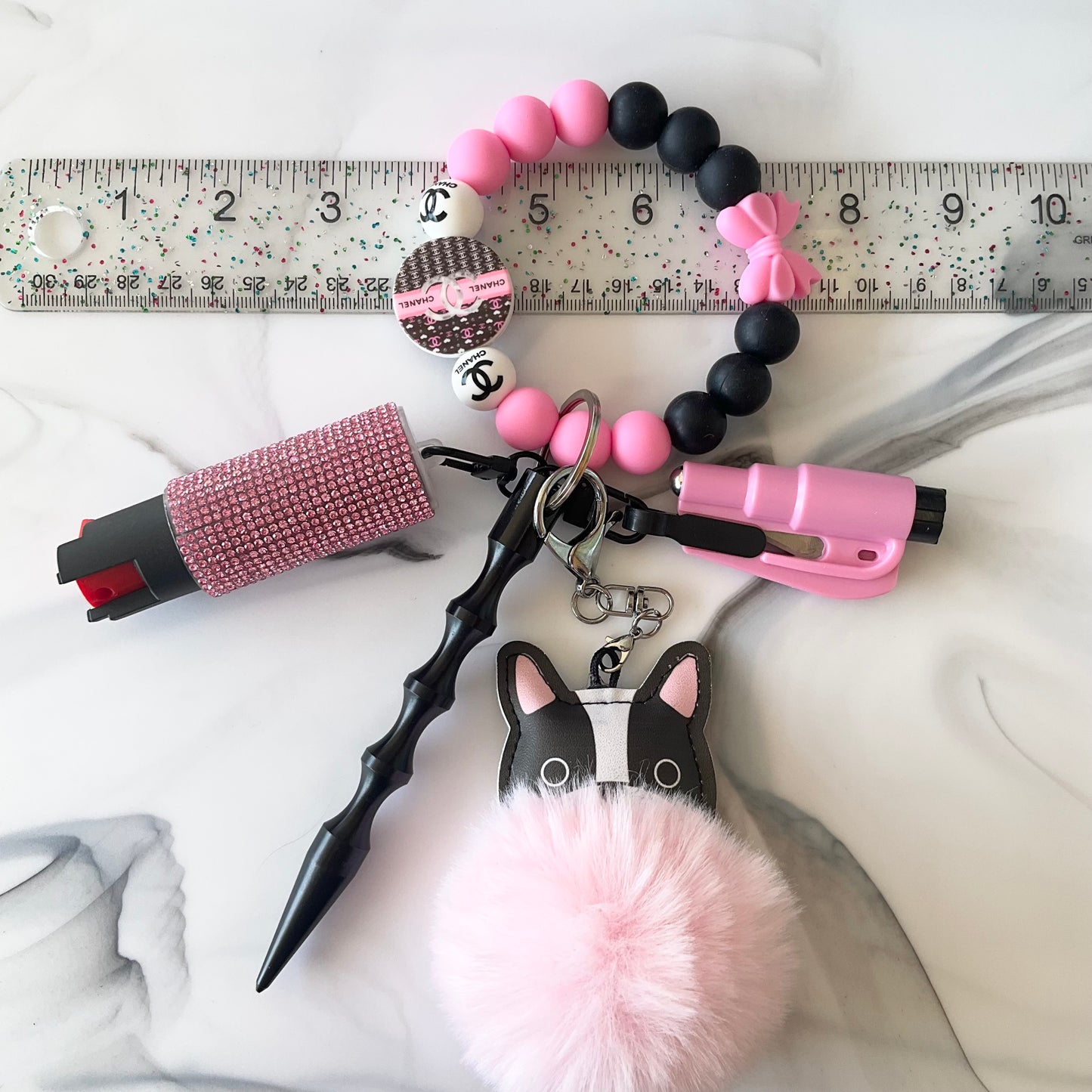 Frenchie Cici Pink & Black Silicone Self-Defense Wristlet Keychain Set