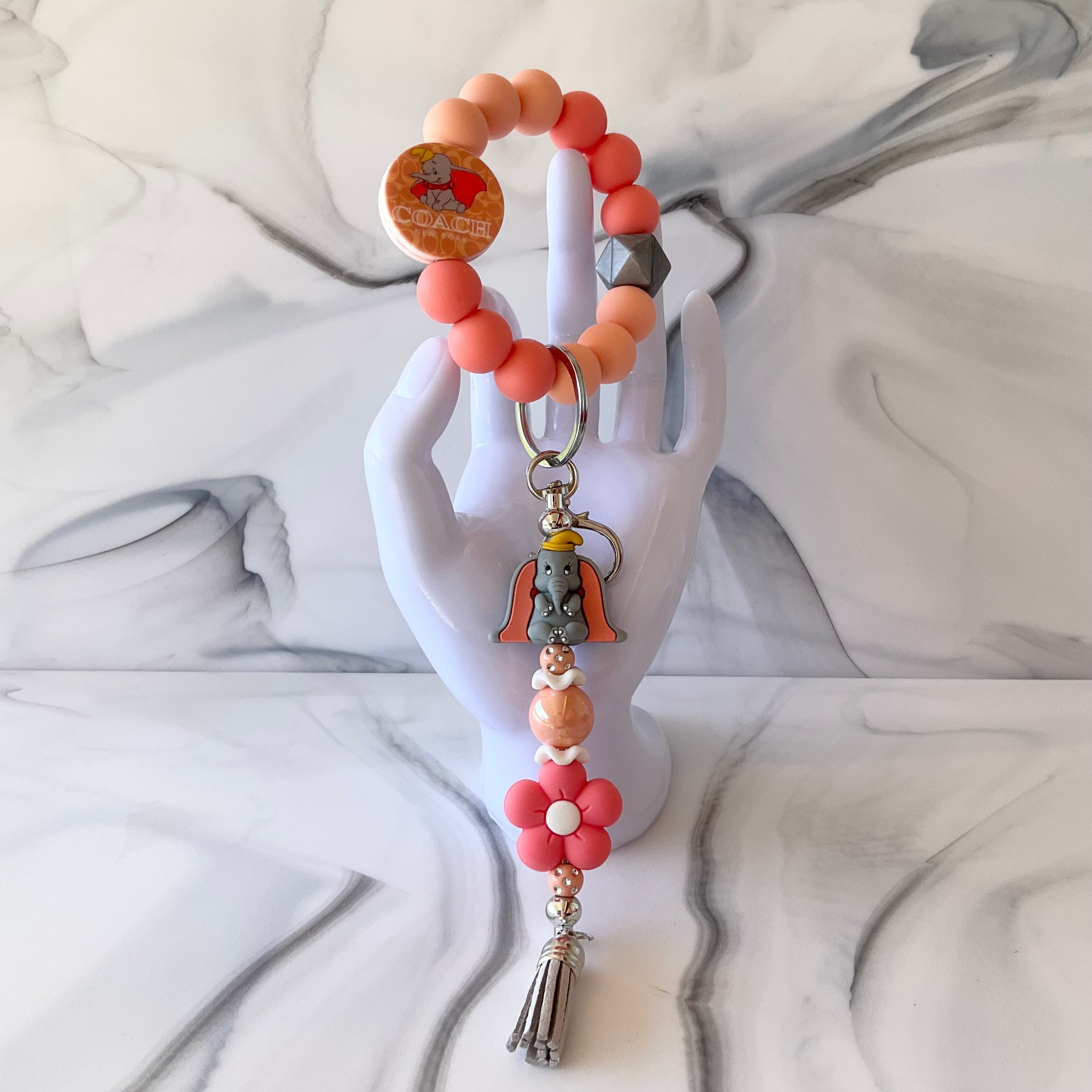 Flying Elephant Coral & Light Gray Silicone Wristlet and Keychain Small