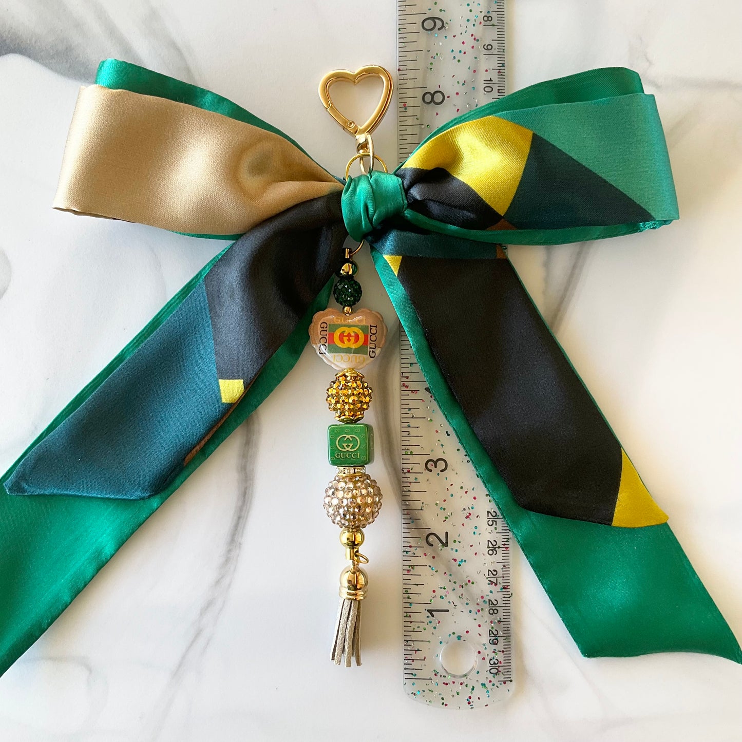 Gigi Emerald Green Print Double Satin Bow Bag Charm