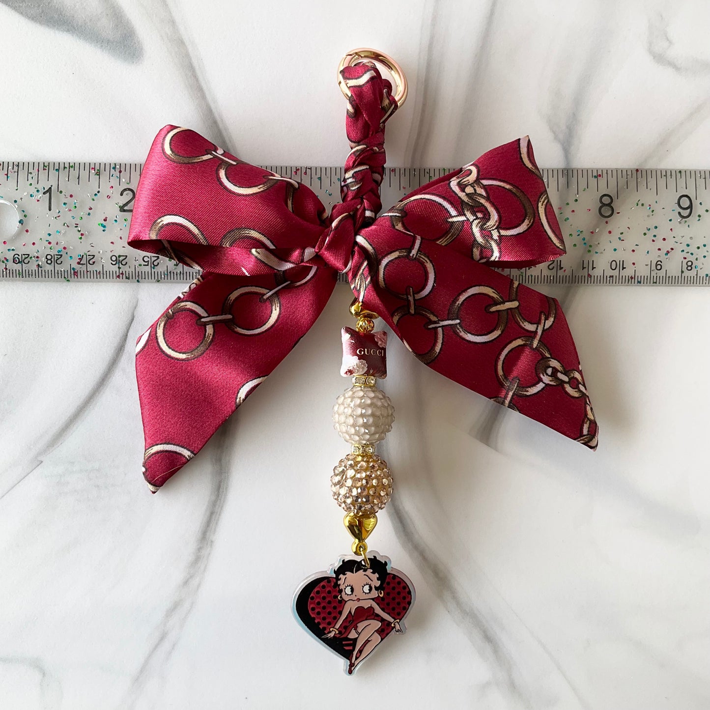 Gigi Betty Dark Red and Champagne Satin Bow Bag Charm