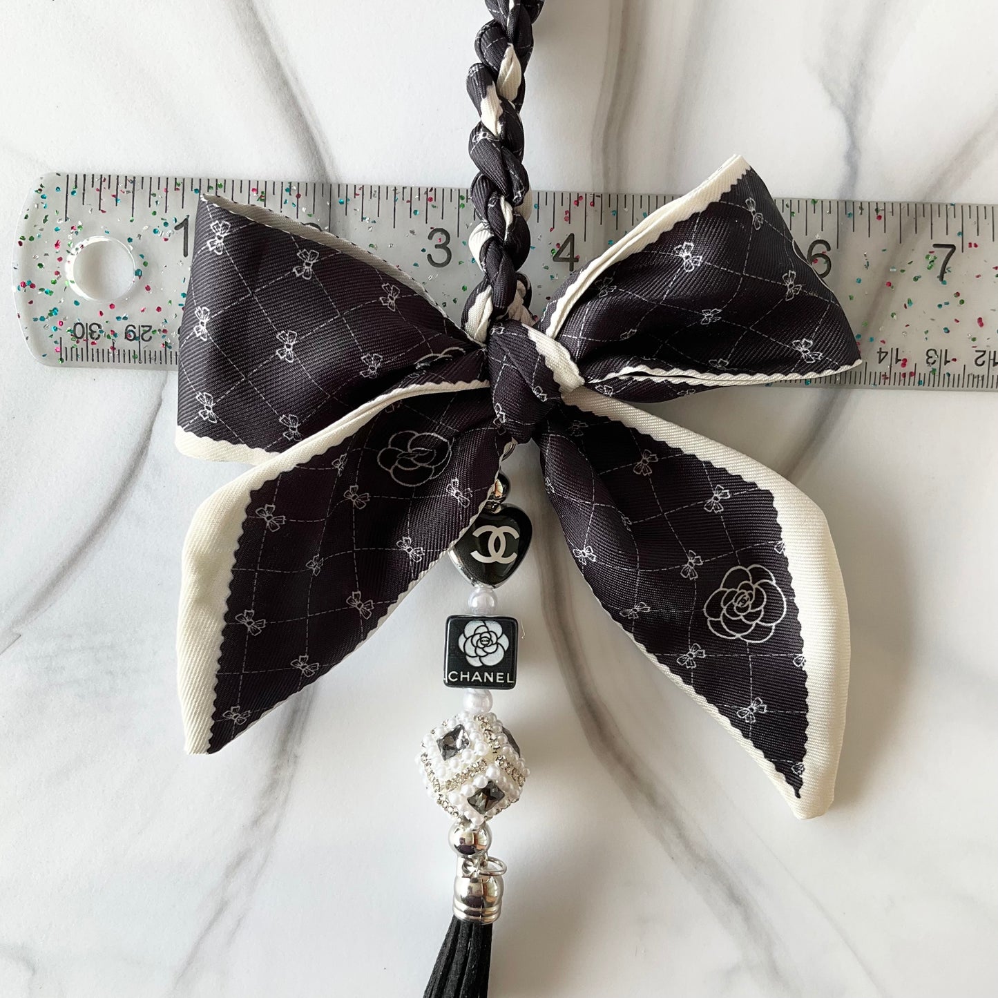 Cici Black & White Camellia Print Bow Bag Charm