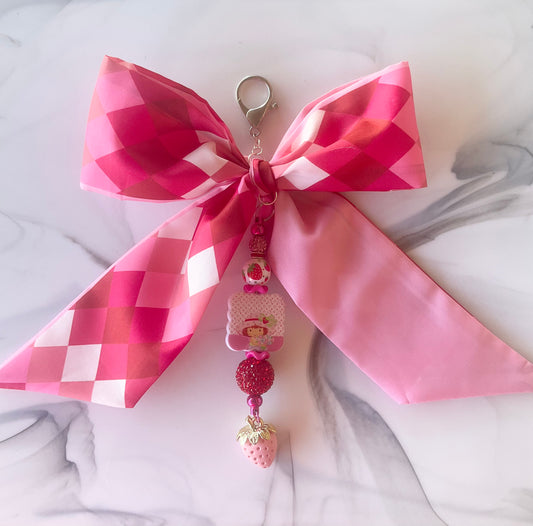 Strawberry Girl Pink Diamond Print Large Bow Bag Charm