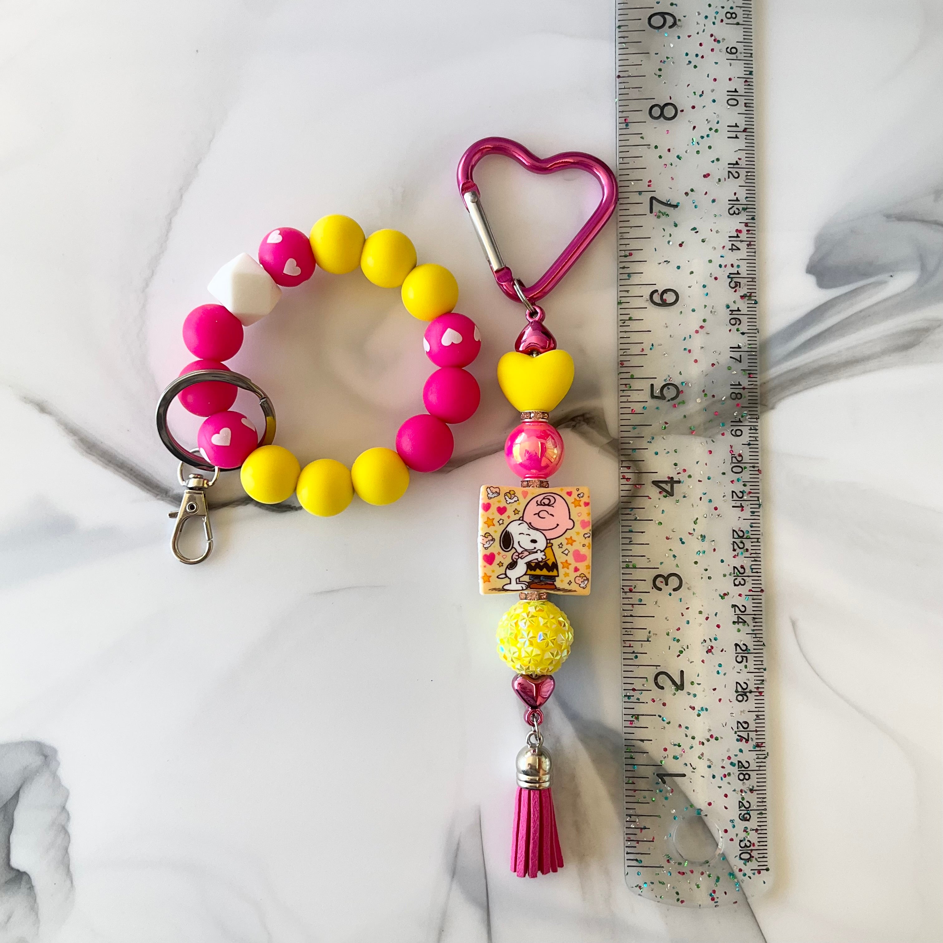 Cute Beagle Hot Pink & Yellow Silicone Wristlet and Keychain Set Small