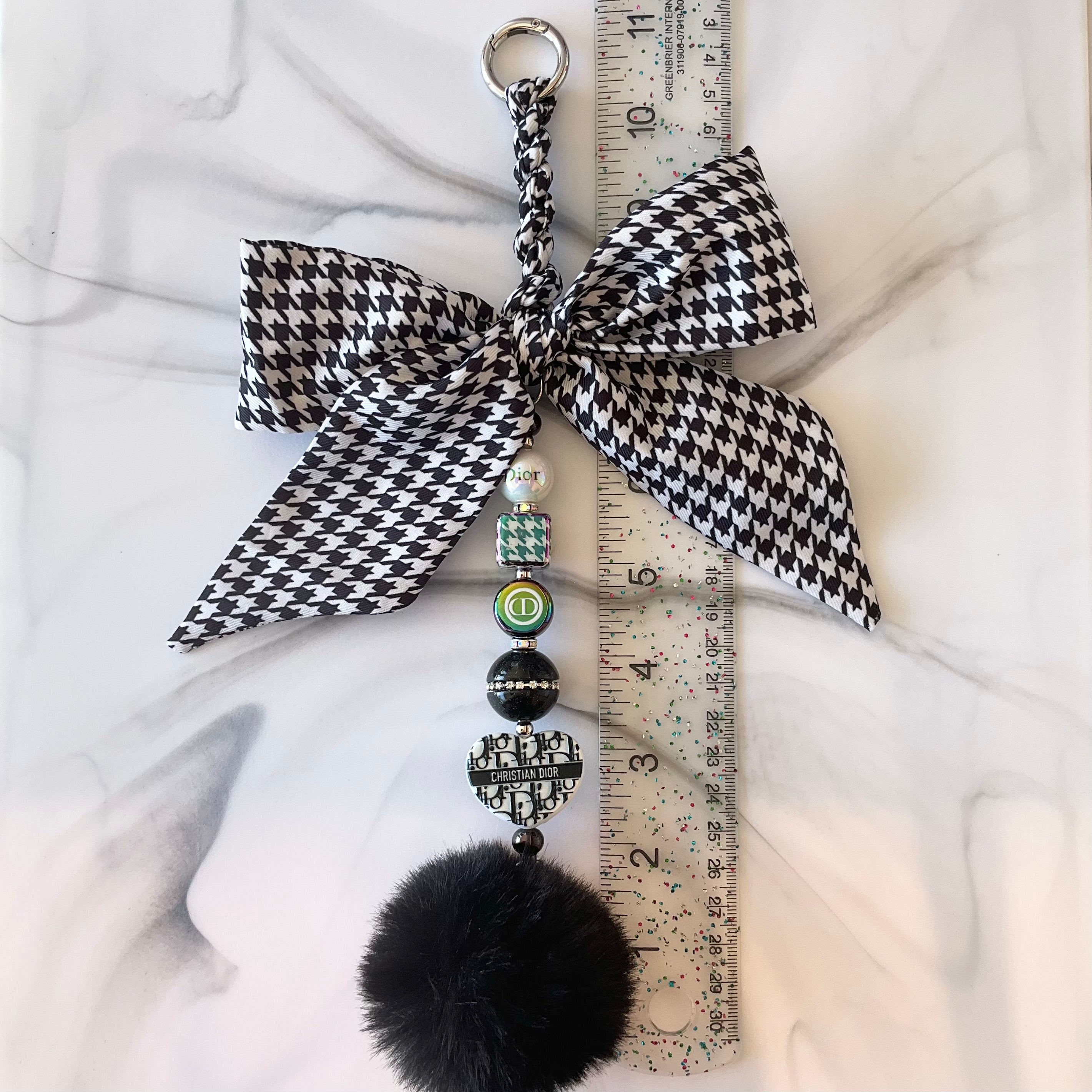 Di Black and White Houndstooth Print Bow Bag Charm