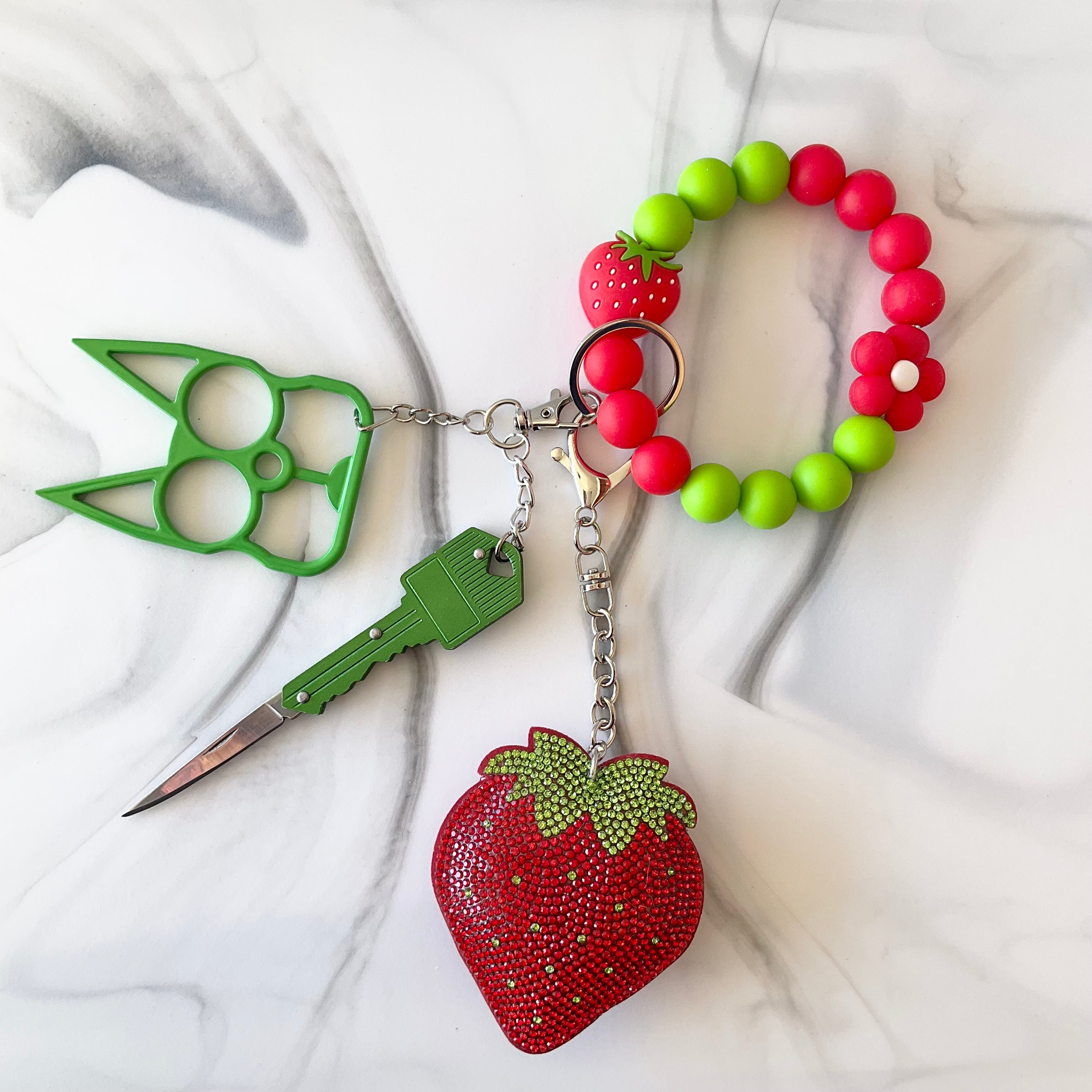 Strawberry Red & Green Silicone Wristlet Self- Defense Keychain Set Large