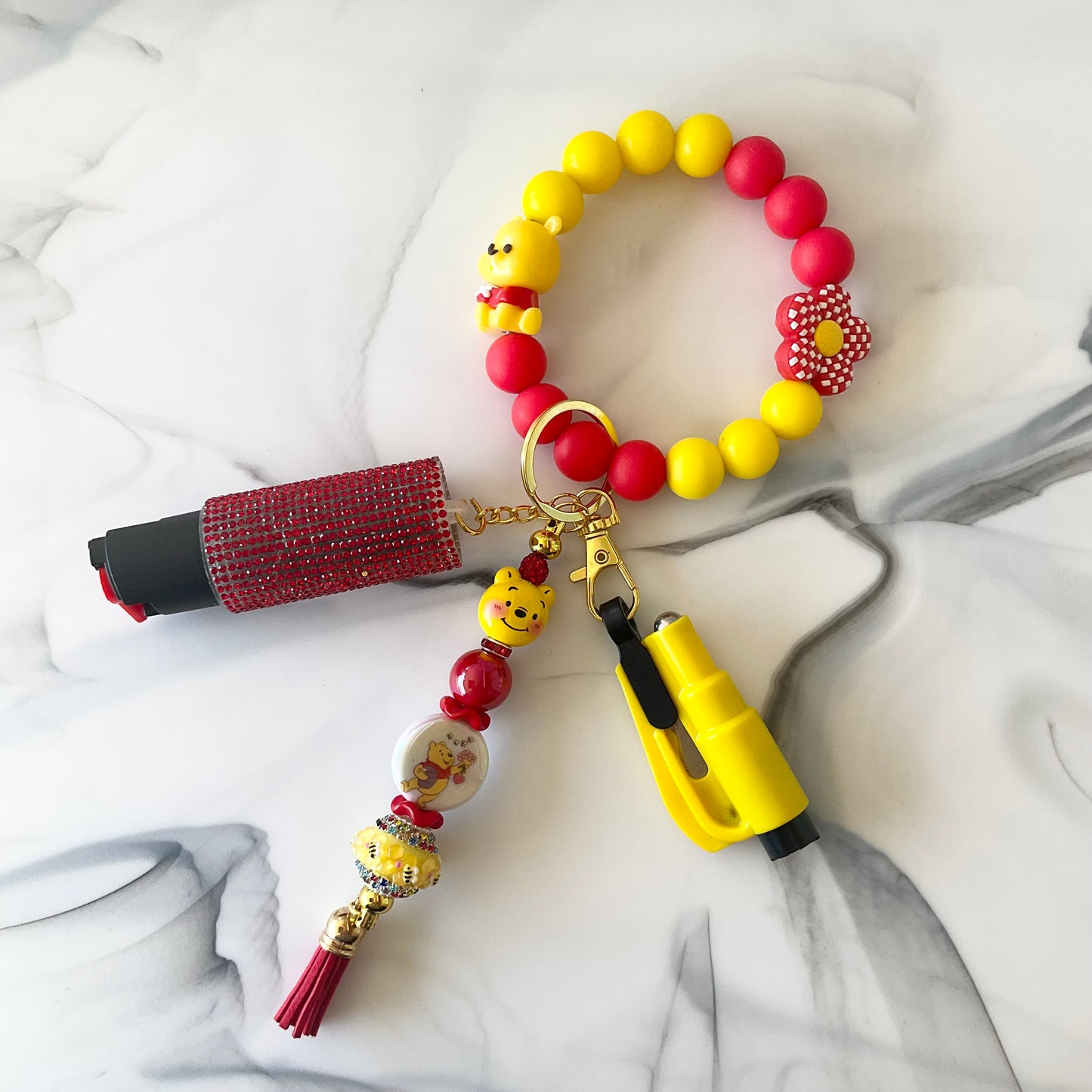 Honey Bear Red & Yellow Silicone Wristlet Self-Defense Keychain Set Large