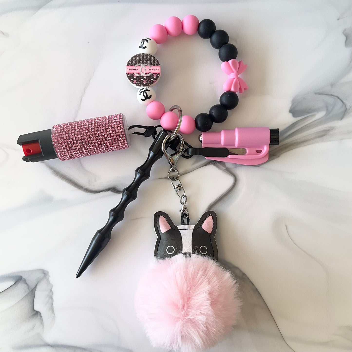 Frenchie Cici Pink & Black Silicone Self-Defense Wristlet Keychain Set