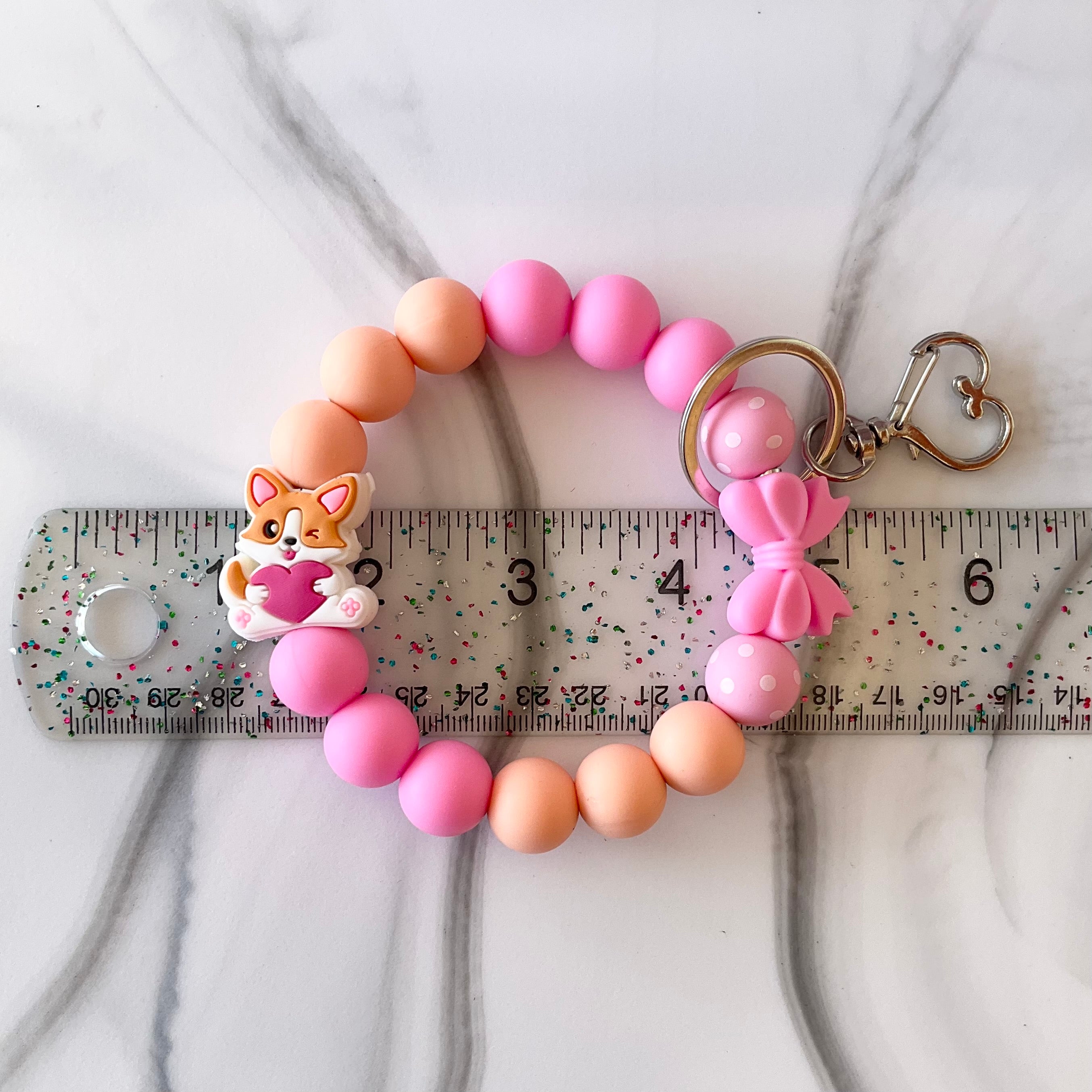 Cute Corgi Coral & Pink Silicone Wristlet and Keychain Large