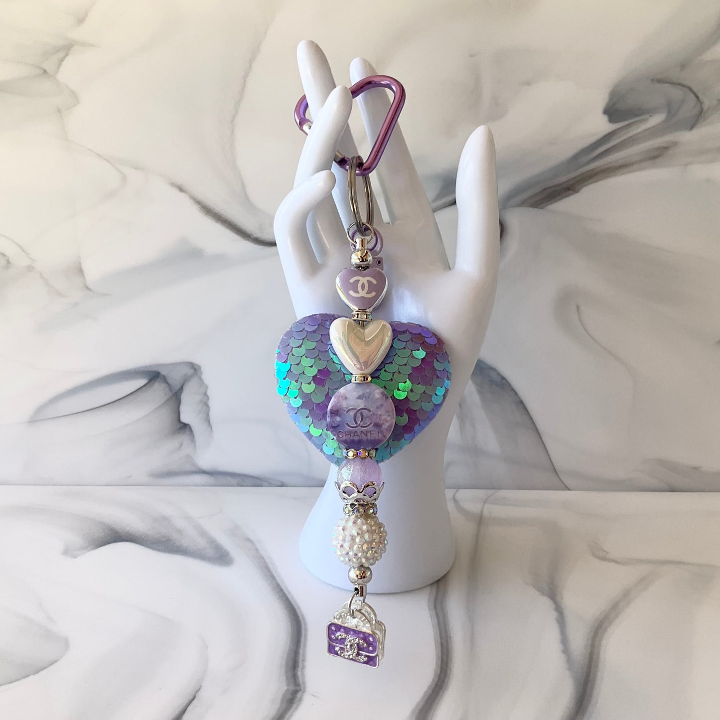 Cici Light Purple Iridescent Sequin Heart Keychain/Bag Charm