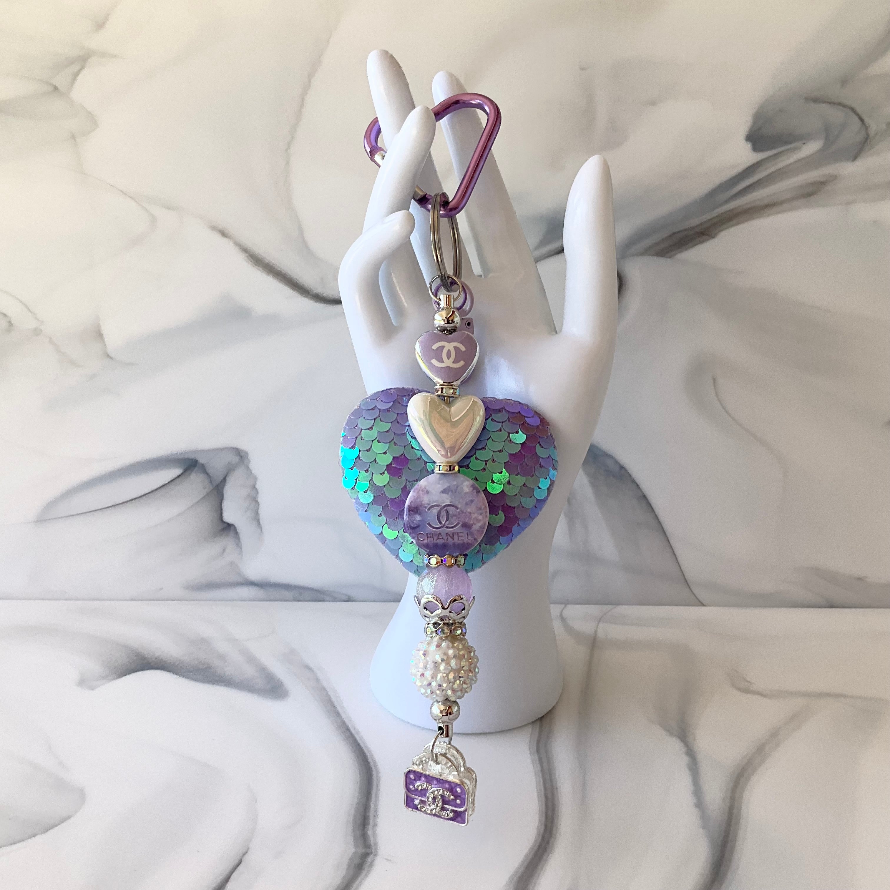 Cici Light Purple Iridescent Sequin Heart Keychain/Bag Charm