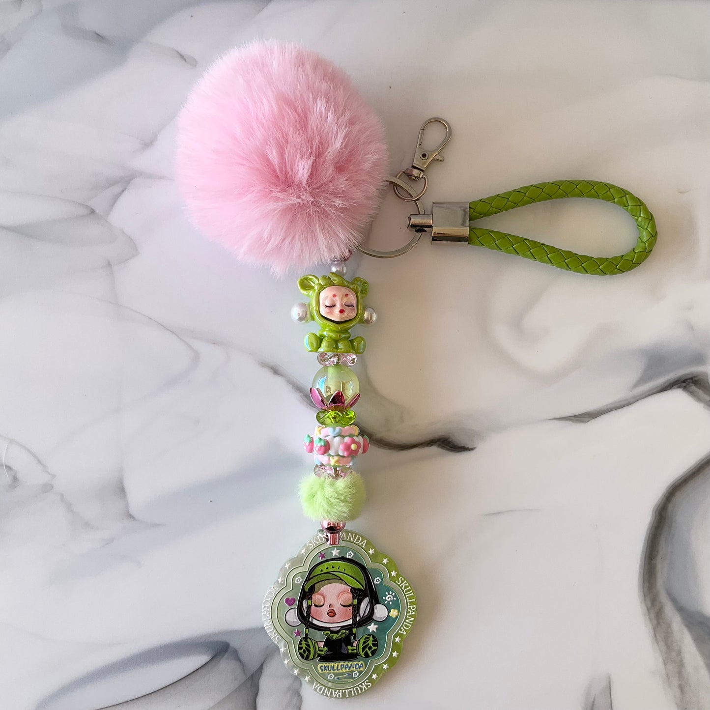 Skull Girl Light Pink and Green Faux Leather Keychain Wristlet
