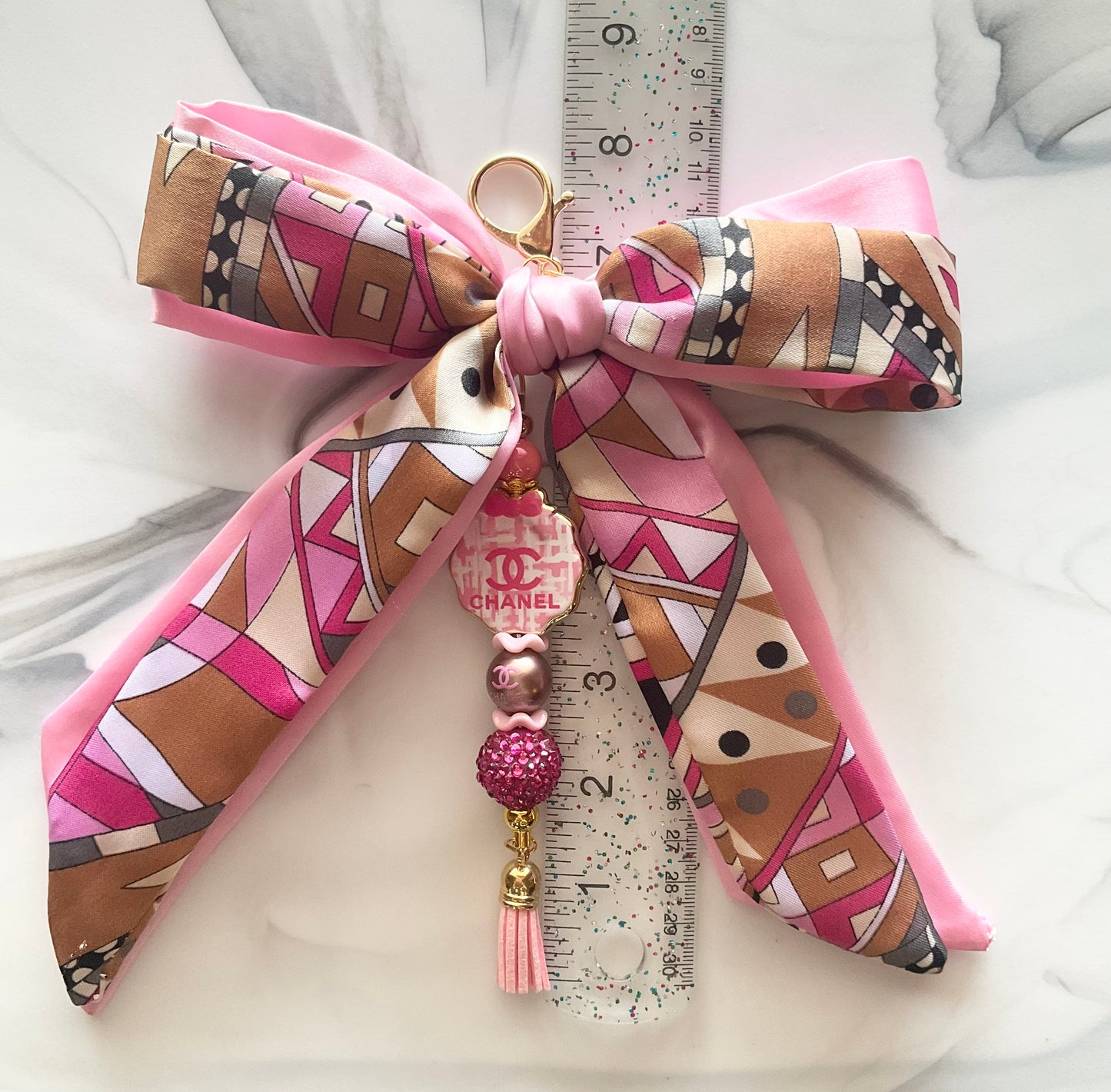 Cici Pink & Tan Gold Tone Large Satin Bow Bag Charm