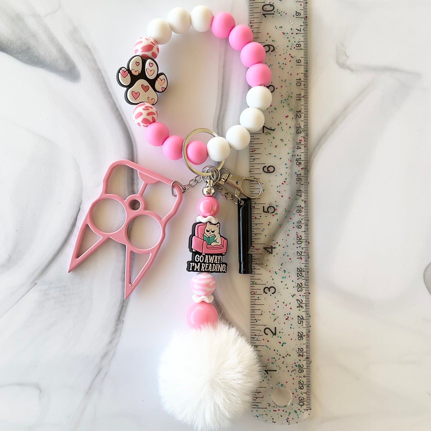 Funny Cat Pink & White Silicone Self-Defense Wristlet Keychain Set Large