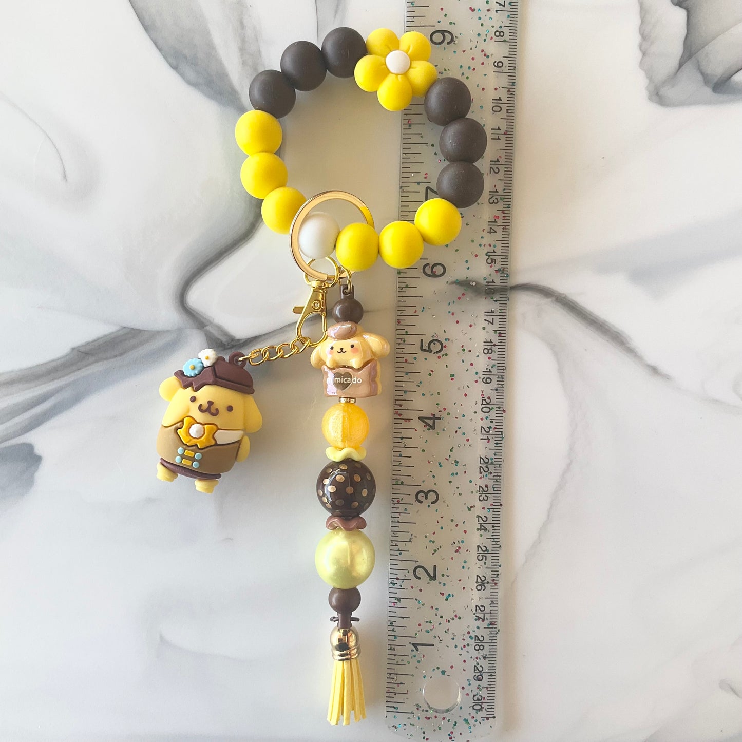Pom Pom Yellow Dog Brown & Yellow Silicone Wristlet Keychain Bag Charm Small