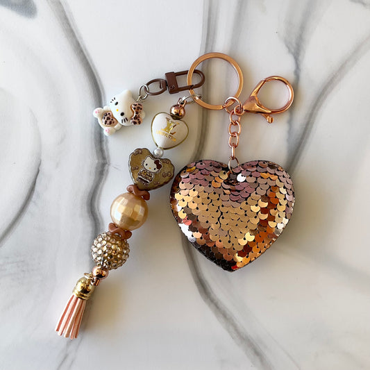 Luv Cute Kitty Rose Gold Sequin Heart Keychain Bag Charm