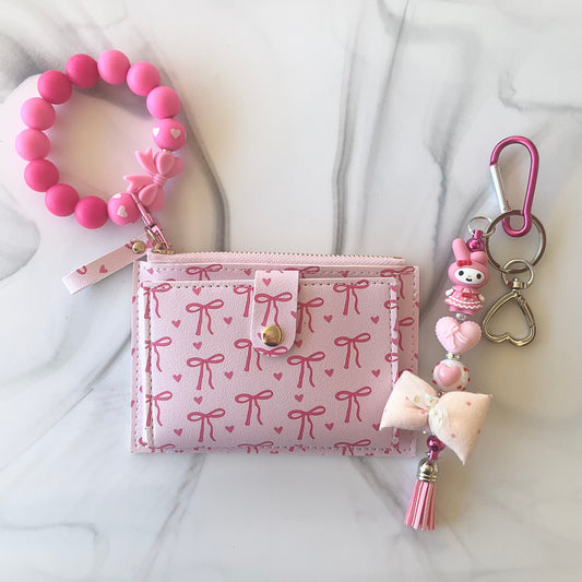 Pink Bunny Girl Small Wallet Silicone Wristlet and Keychain Set
