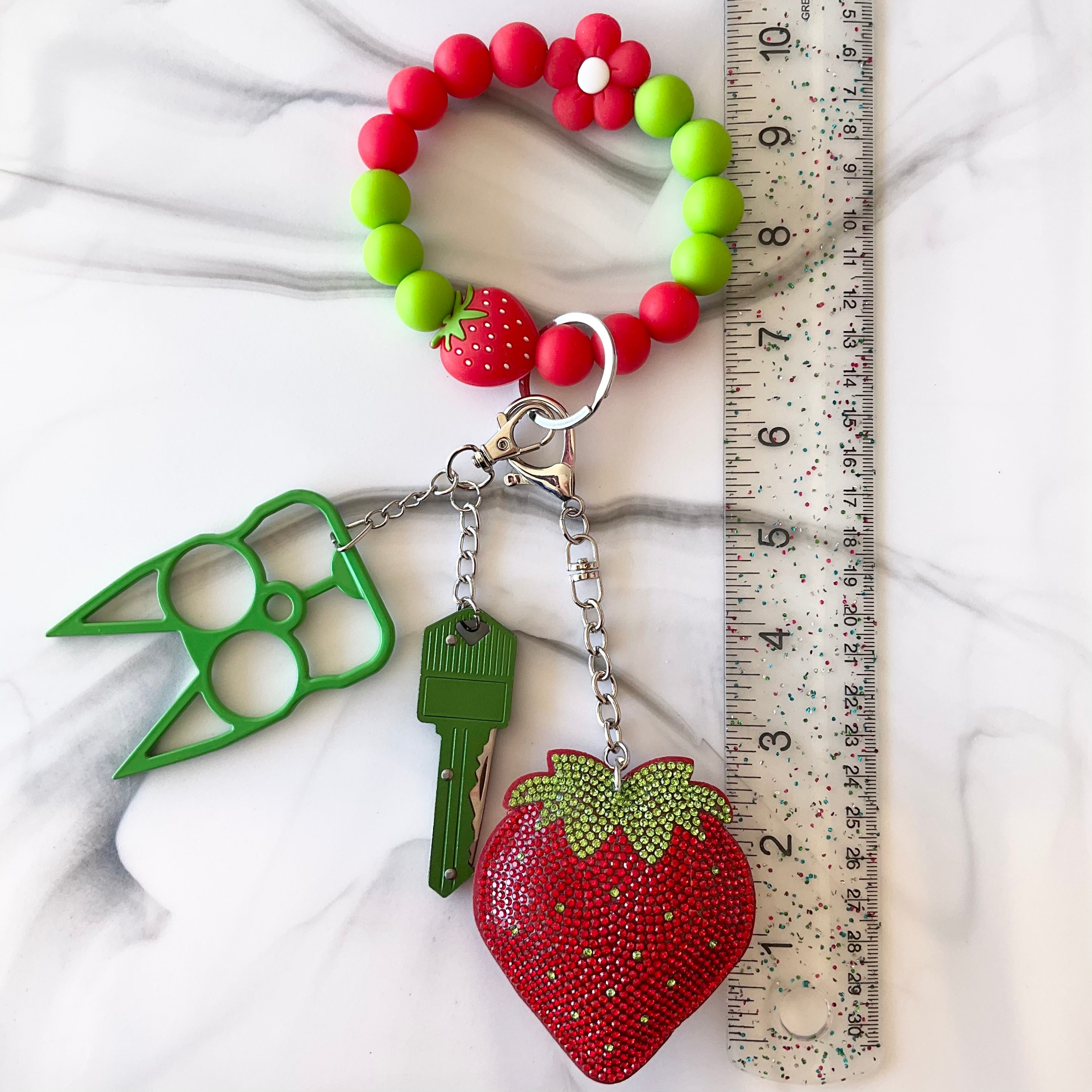 Strawberry Red & Green Silicone Wristlet Self- Defense Keychain Set Large