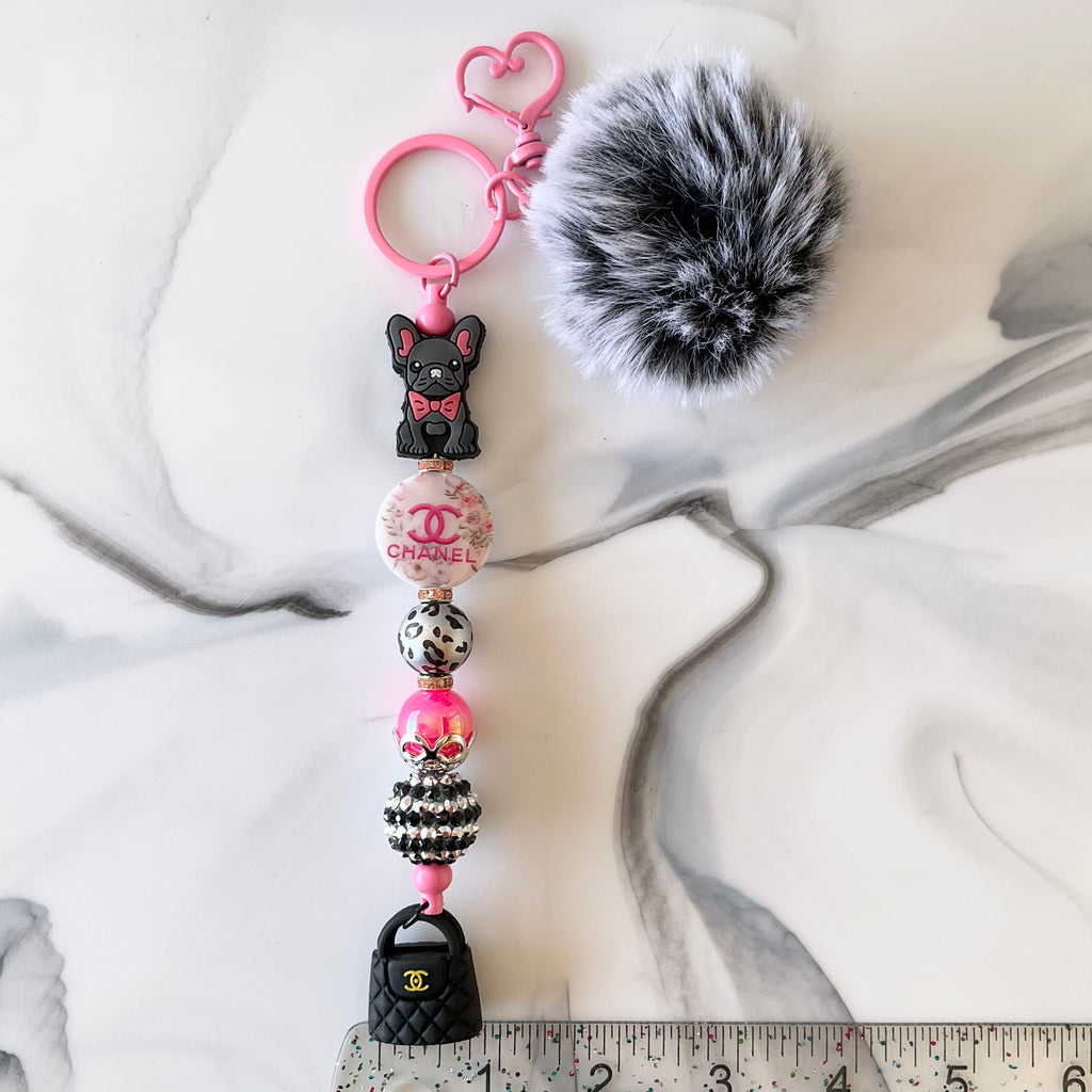 Cici Bougie Gray Frenchie Dog Pink & Black Keychain