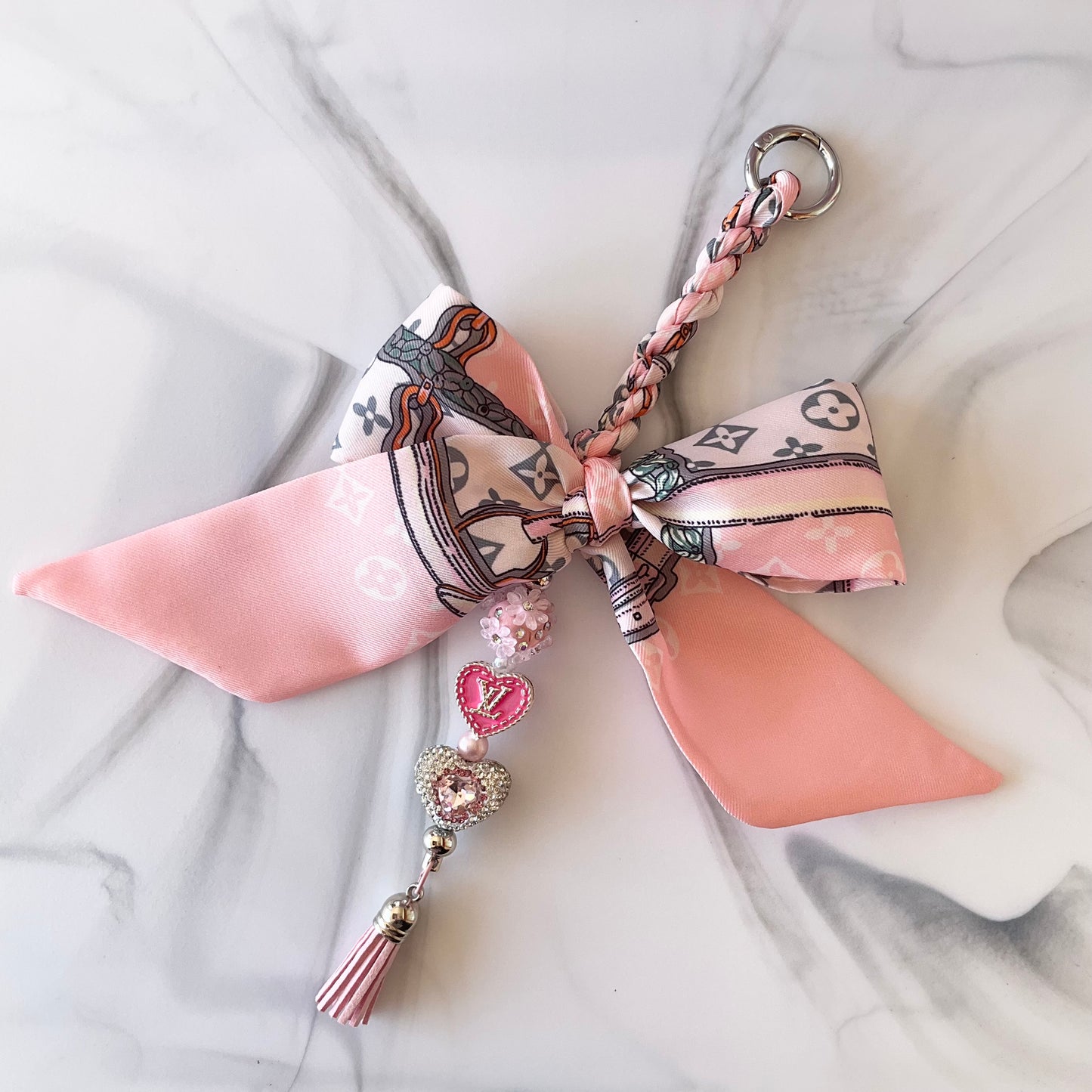Luv Light Pink & Gray Rhinestones Bow Bag Charm